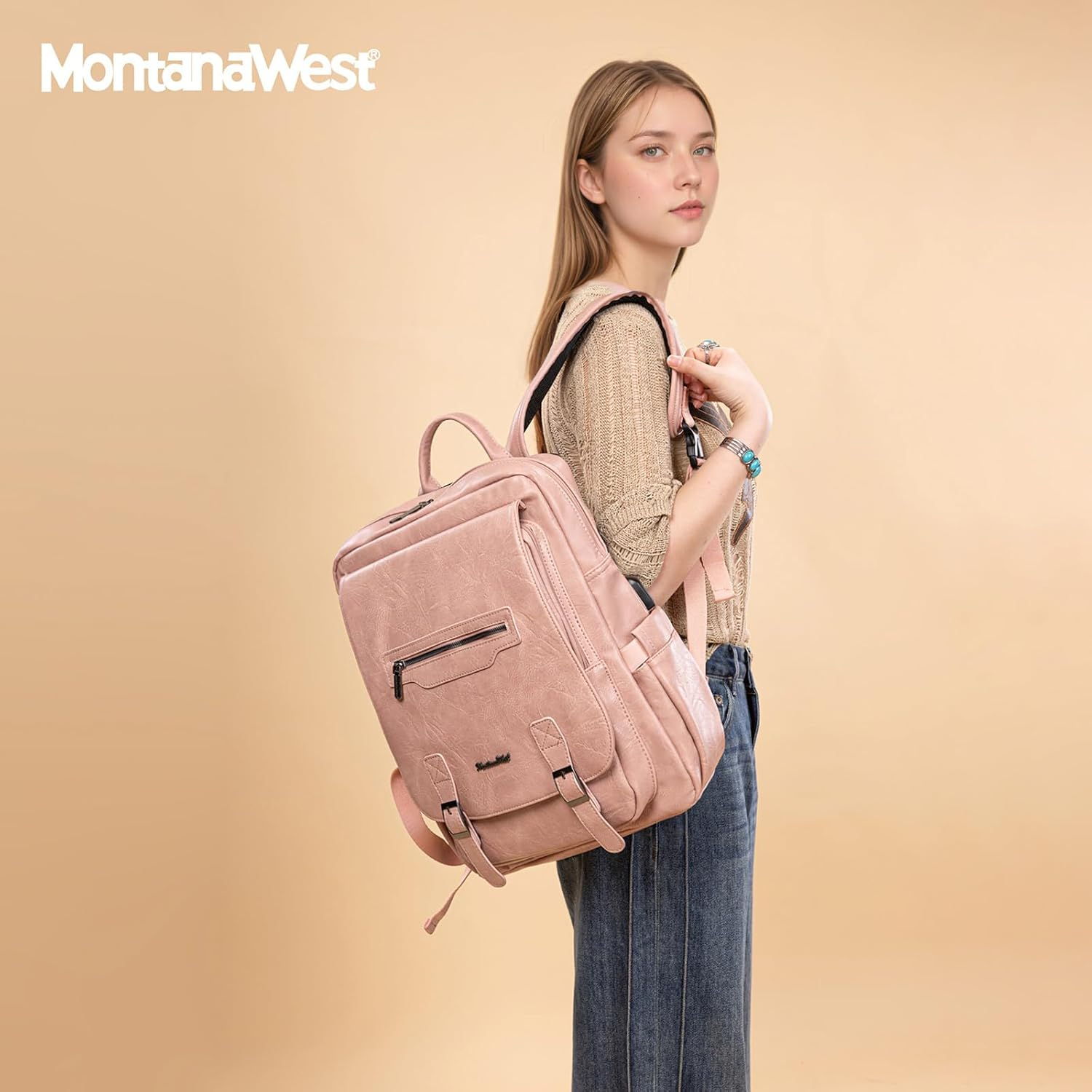 Montana West Laptop Backpack Purse for Women Men Unisex Vintage Backpack Casual Daypack Travel Work with USB Charging Port - 15.6-In Brown image number 3