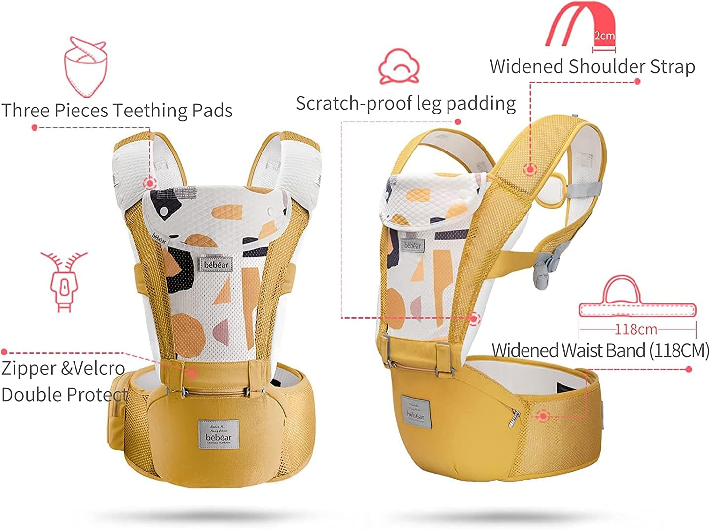 Bebamour Mesh Newborn Baby Carrier Front and Back Carry Baby Newborns to Toddler Baby Hip Carrier (Yellow) image number 3