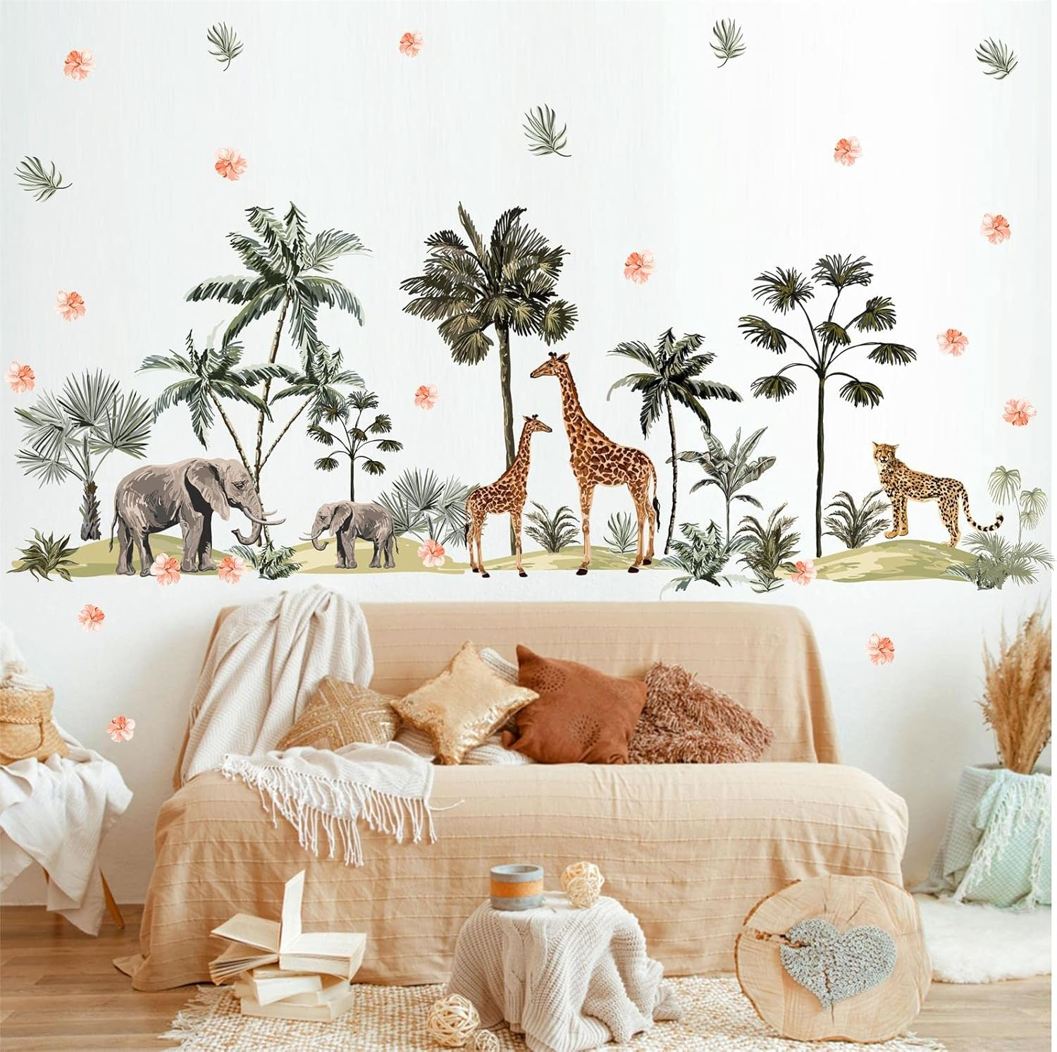 Jungle Animal Wall Decals - Safari and Wild Animal Wall Stickers for Nursery, Living Room, Bedroom - Large Zoo Animal Decor with Jungle Tree Forest Theme