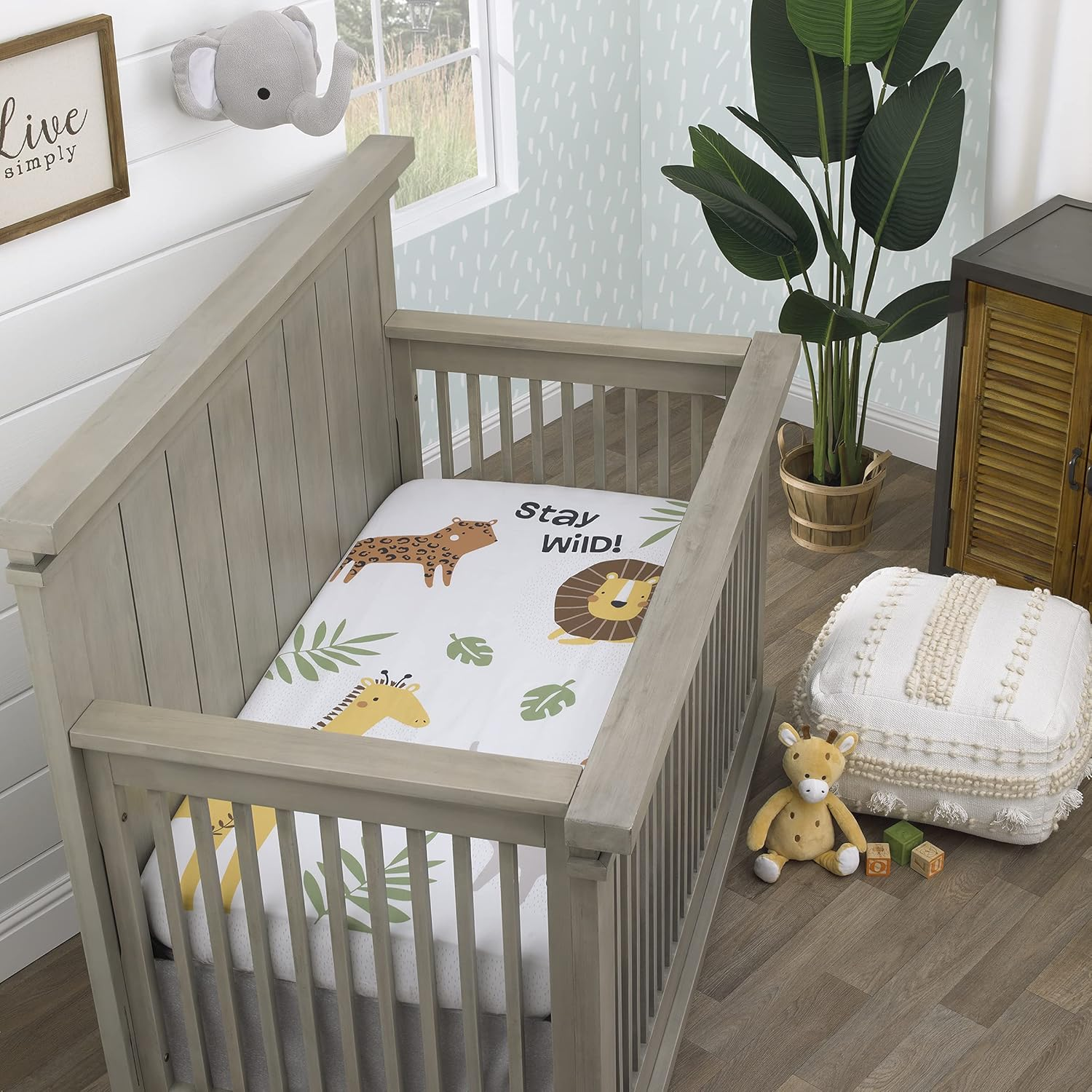 Nojo Jungle Trails White, Green, & Gold Stay Wild Animal Print with Leaves Photo Op 100% Cotton Nursery Fitted Crib Sheet, Grey, Green, Gold, White image number 2