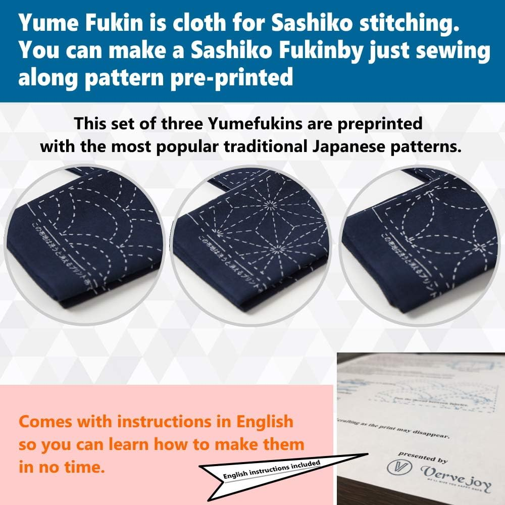 Sashiko Kit, Yokota Sashiko Thread, Needles and Template Yume Fukin with Original English Manual, Thimble Sewing Set, Fabric, Japanese Textile (White Thread/Navy Dishcloth) image number 5