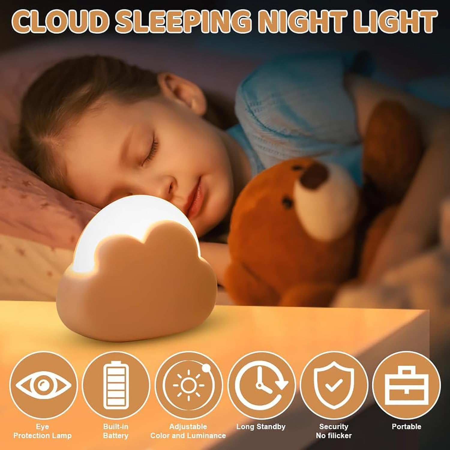 LED Cloud Night Light, Mini Bedside Lamp, Children Bedroom Night Lights, Portable Night Light, 4 Working Modes, with USB Cable, with Wrist Strap(Pink)