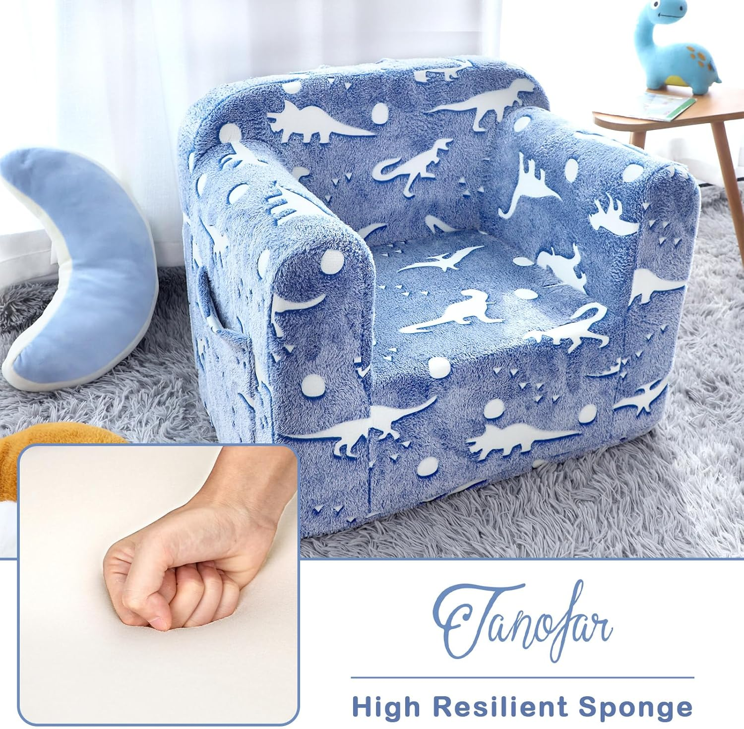 TANOFAR Kids Couch, Toddler Chairs Comfy, Kids Sofa for Boys Ages 1-6, Toddler Foam Couch Glow in the Dark, Soft Comfortable, Cute Dinosaurs image number 2