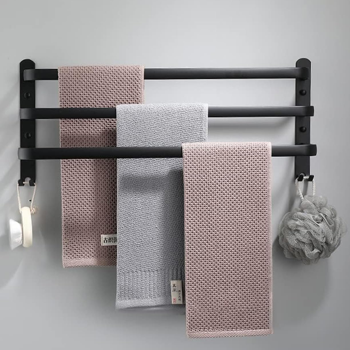 Towel Rack 60CM, Towel Rail Wall Mounted 3-Tier,Towel Rods with 2 Hooks, Bathroom Towel Holder Black Towel Bar, Modern Home Decor Bathroom Towel Rack, Frosted Black image number 2