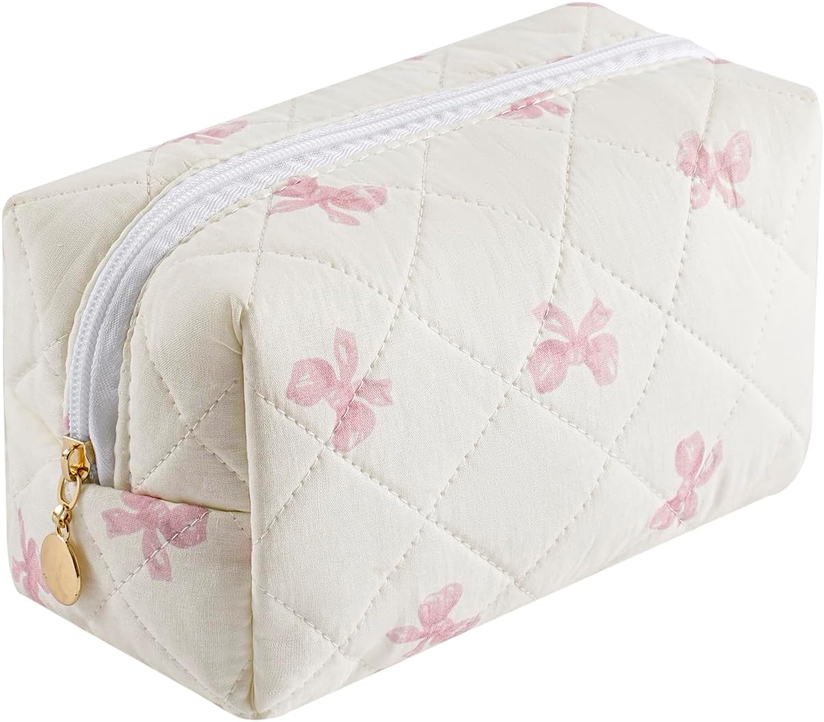 WHHJM Cute Floral Makeup Bag Small Cotton Quilted Cosmetic Bag, Aesthetic Essential Bag Emergency Bag Gift for Women Girls Travel Accessories (Blue Floral)