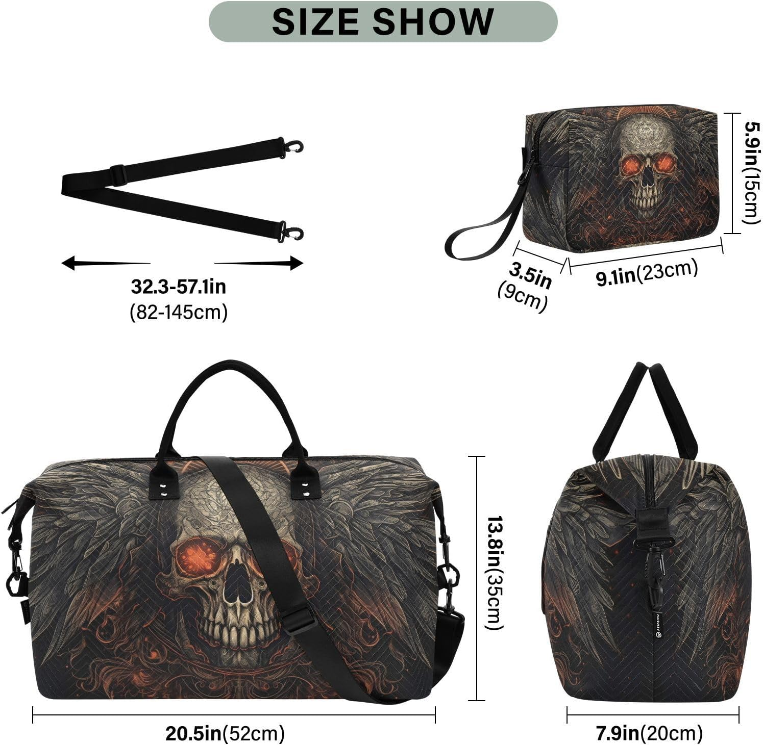 WOIWB Duffel Bag Set with Toiletry Bag for Travel Gym Sport, Luggage Sleeve Weekender Bag Carry on Overnight Bag-Gothic Skull with Wings Print, Multicolor, 20.5 X 7.9 X 13.8 Inches+9.1 X 3.5 X 5.9