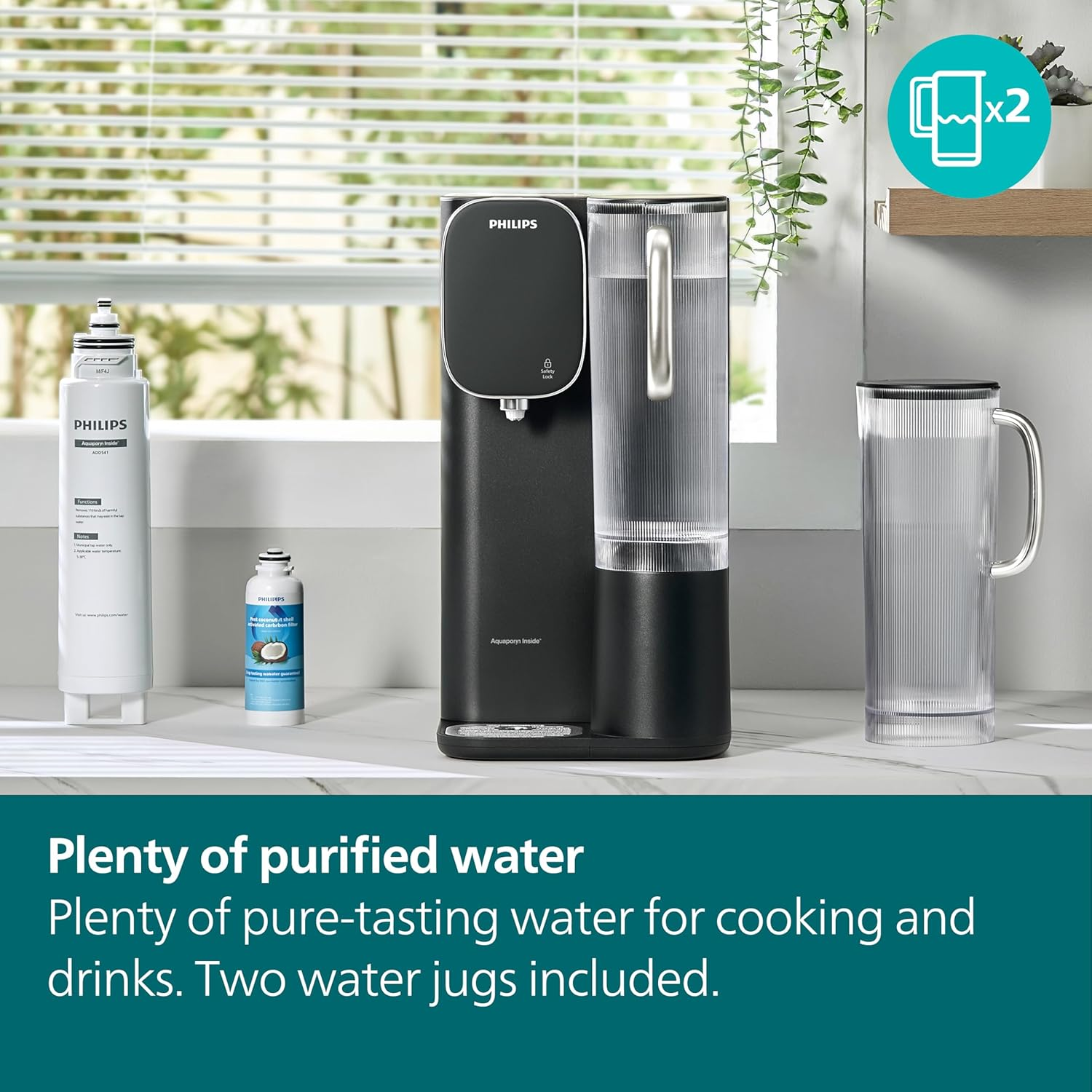 Philips Reverse Osmosis Water Purification Station. Purified 6&deg;C Chilled Water to 95&deg;C Instant Hot Water. Two Purified Water Jugs. Tested by SGS to Removes PFAS, Fluoride and More. ADD6912BK/79. image number 2
