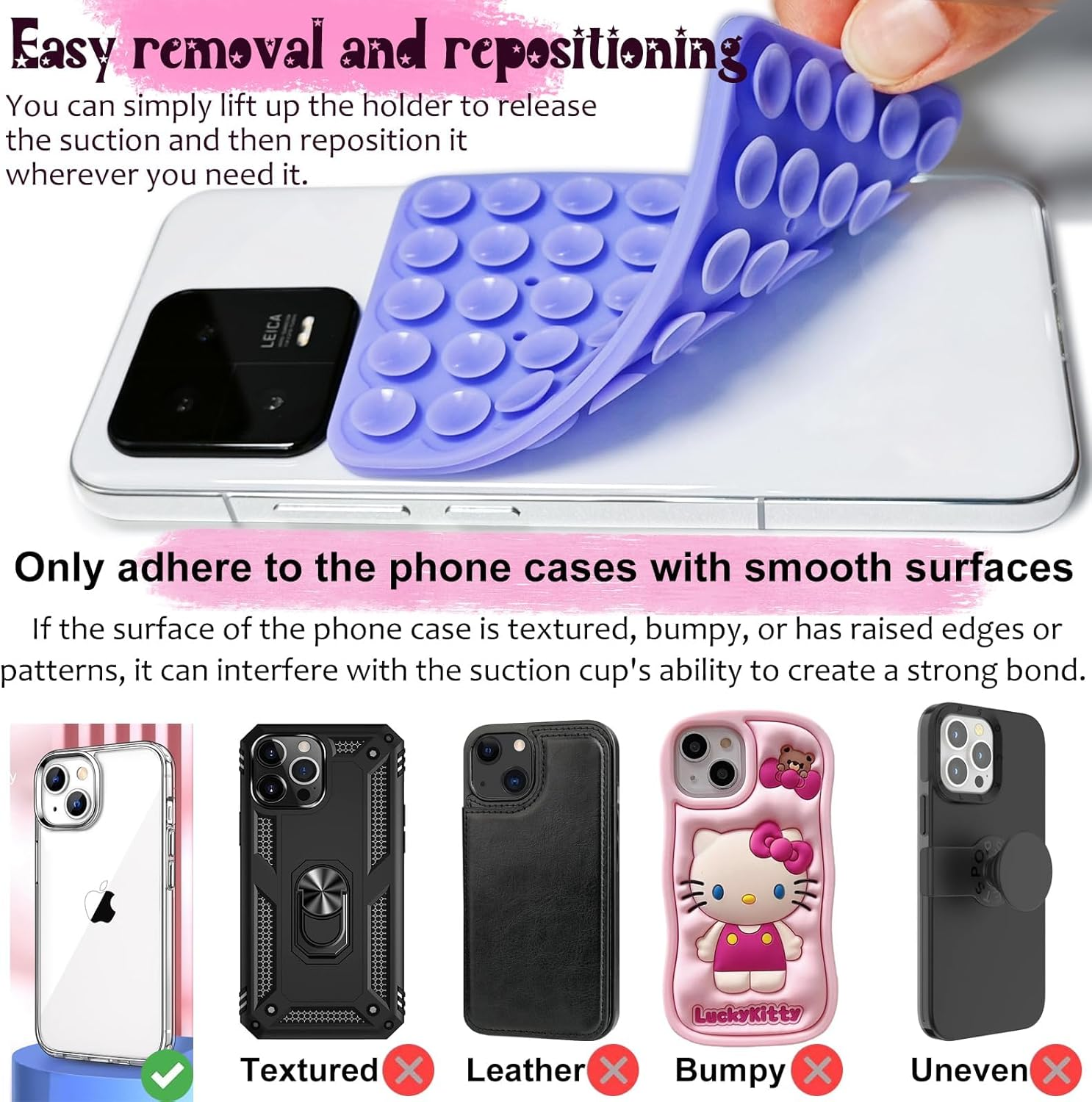 Khxriypha 2 Pack Silicone Suction Cup Phone Case Mount, Double Sided, Hands-Free, Non Slip, Lightpink&Translucent