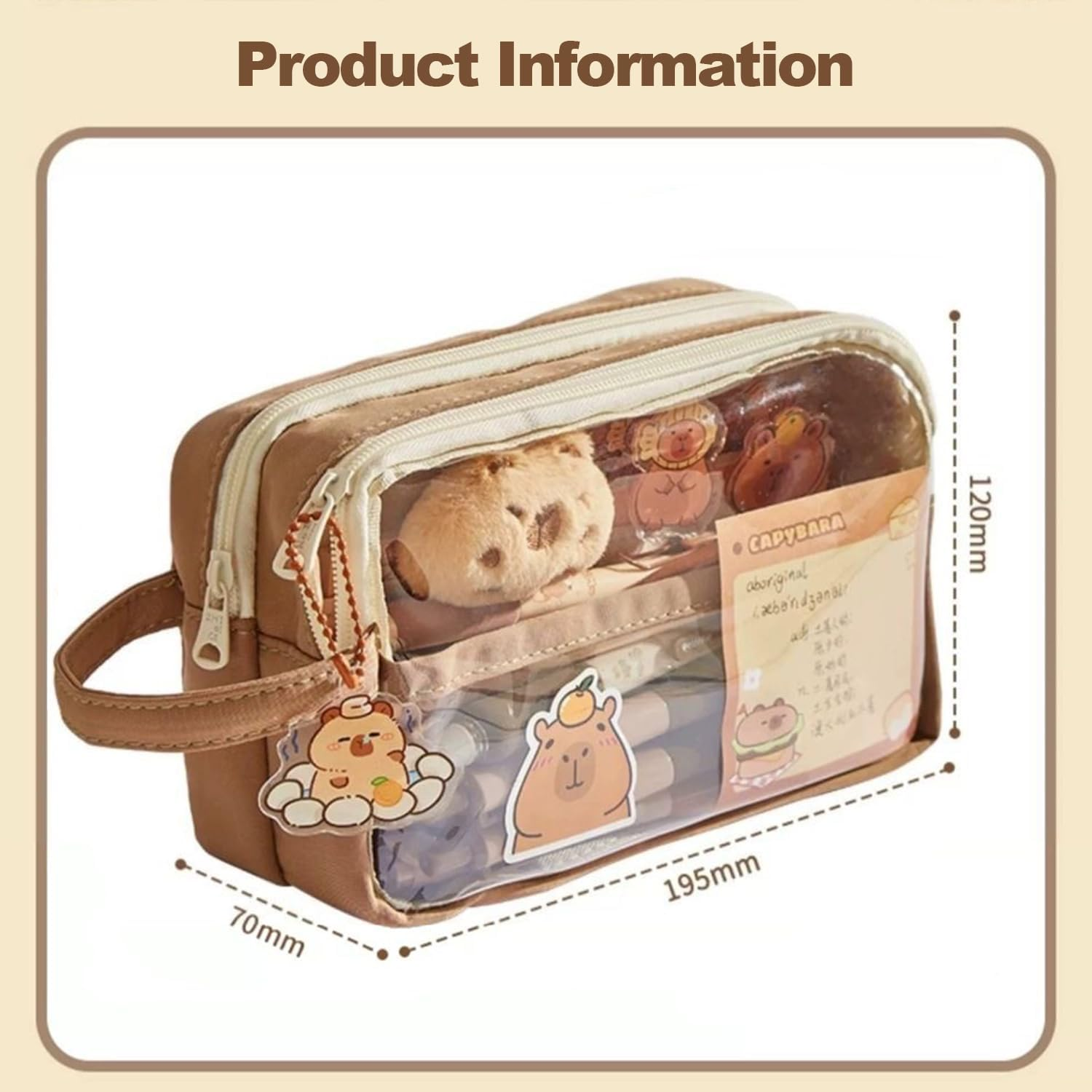 Pencil Case with Zipper,Cartoon Capybara 5 Layers Compartment Clear Pencil Case Pouch,With 4 Pens&4 Pcscartoon Accessories for Students College Office, Clear Makeup Cosmetics Bag for Adults image number 6