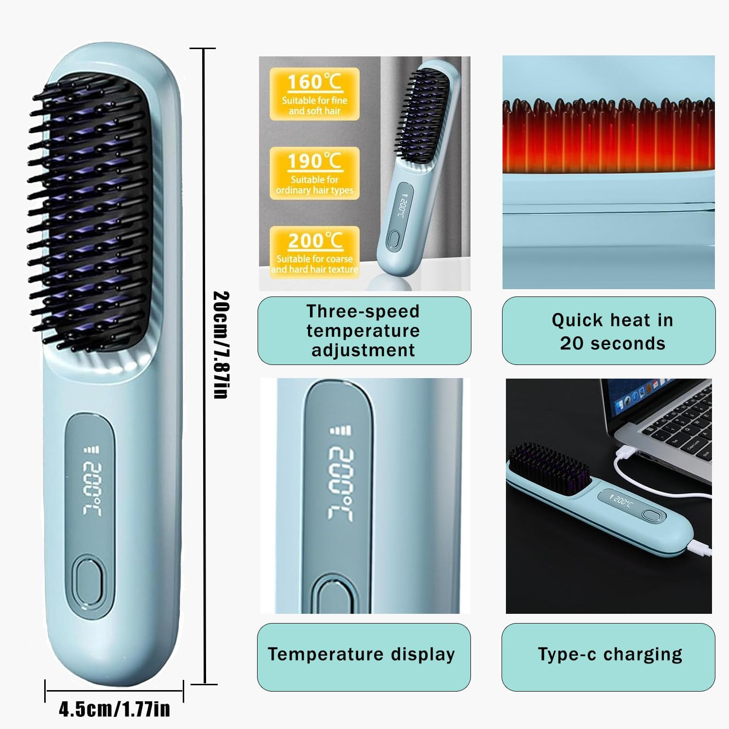 Portable Straightener Brush, Fast Heating Cordless Mini Hair Wave, Portable Mini Hot Comb with Negative Ions Smoother for Fast Heating Professional Salon at Home (Blue) image number 3