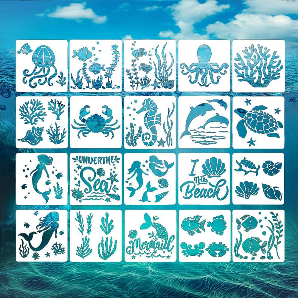 Stencils for Painting Ocean Theme, Reusable Sea Creature Mermaid Stencil Template for Painting on Wood, Wall, Scrapbook (White) image number 5