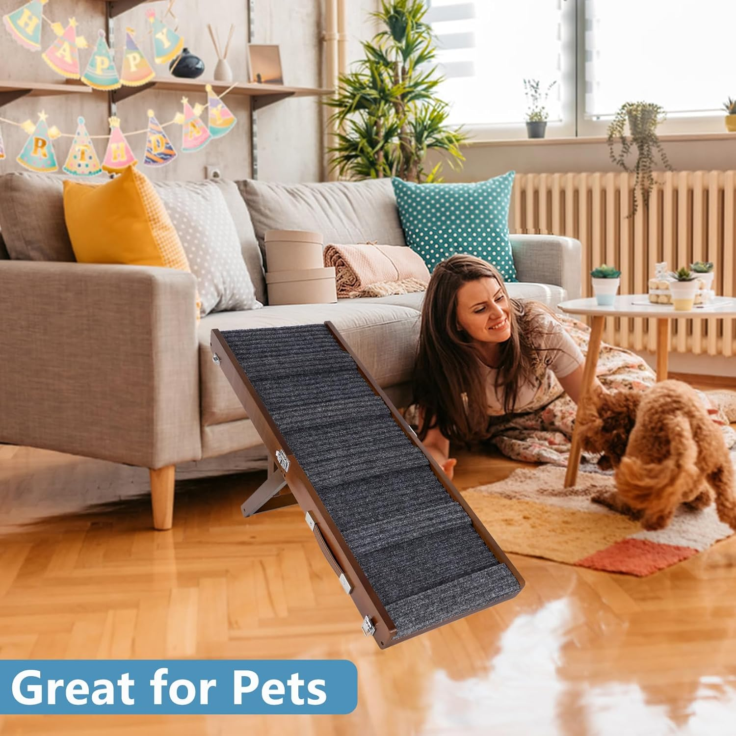 Brown Wooden Framed Folding Portable Pet Ramp. 4 Levels Adjustable 9" to 17.3" with Non-Slip 5 Paw Traction Mat for Small Medium Doggie. Dog Ramps-80Penbn,Uk image number 4