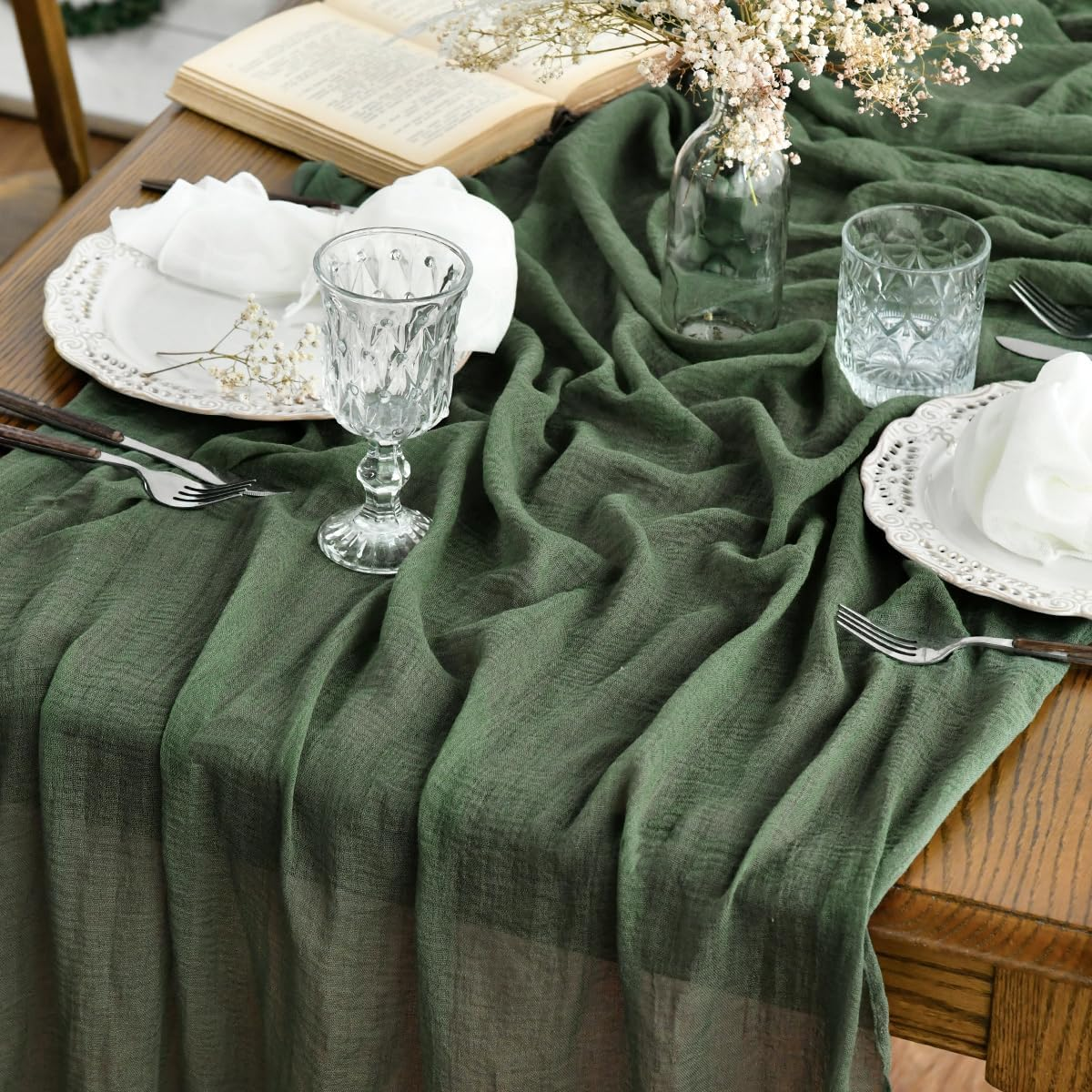 Artoid Mode Verde Foresta Fashion Boho Gauze Cheesecloth Dusty Table Runner, 90 X 300 Cm Seasonal Holiday Kitchen Dining Table Decoration for Indoor Outdoor Home Party Decor - Black image number 6