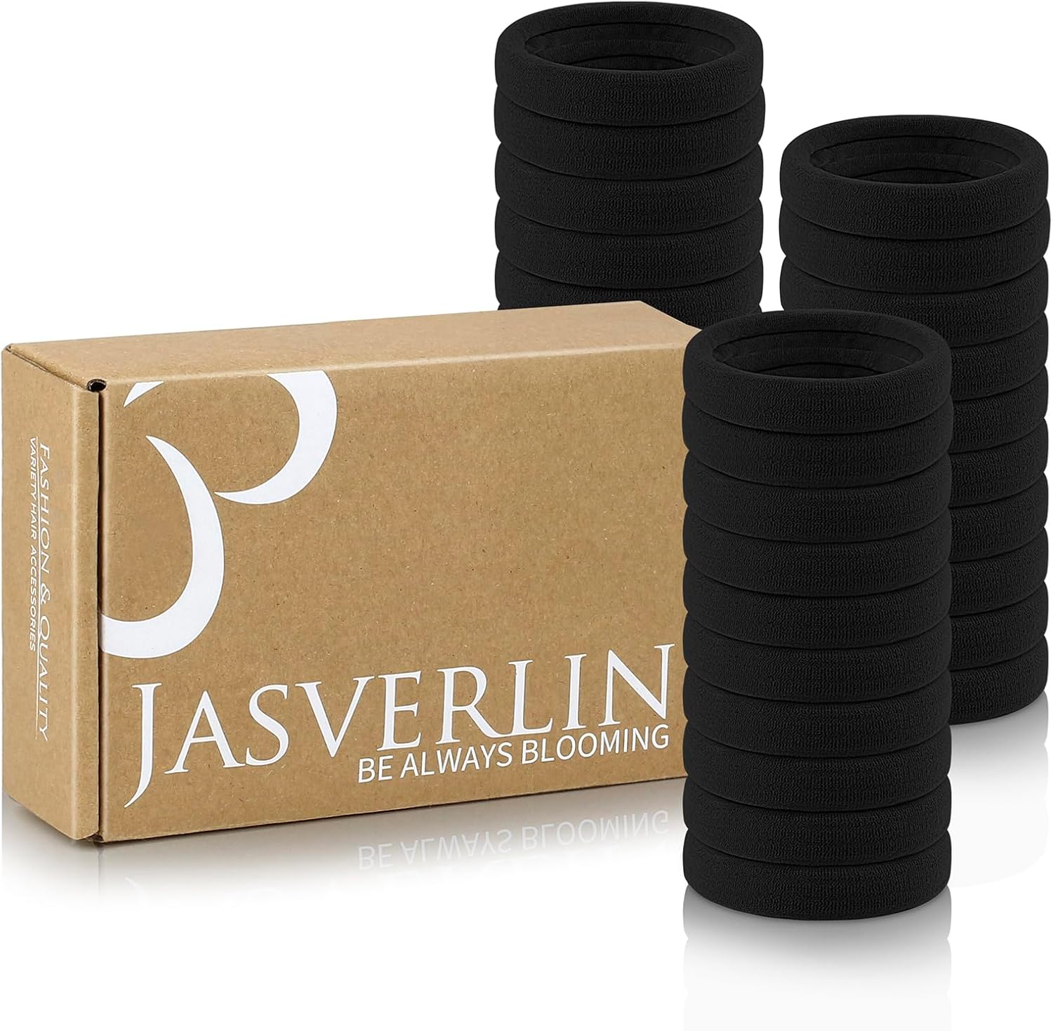 JASVERLIN Black Large Thick Hair Ties, Seamless Cotton Fabric, Stretchy Ponytail Holders Soft Skinny Scrunchies No Damage Hair Bands for Girls Women Men 2.4Inch 30 Pcs
