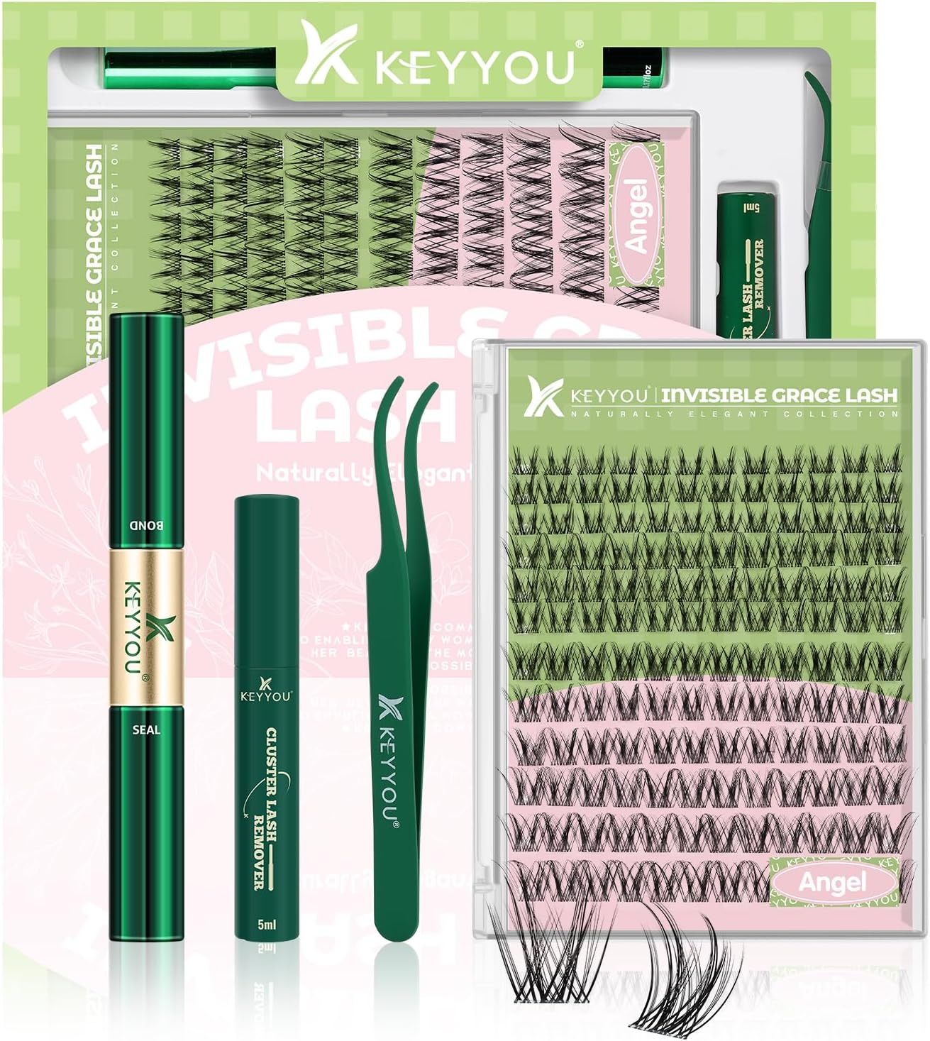 Lash Extension Kit KEYYOU Lash Clusters Wispy Natural Individual Bond Lashes D Curl Invisible Clusters Eyelash Extension Kit with Lash Bond and Seal and Lash Applicator for Self Use(Tb01-D-8-16Mix)