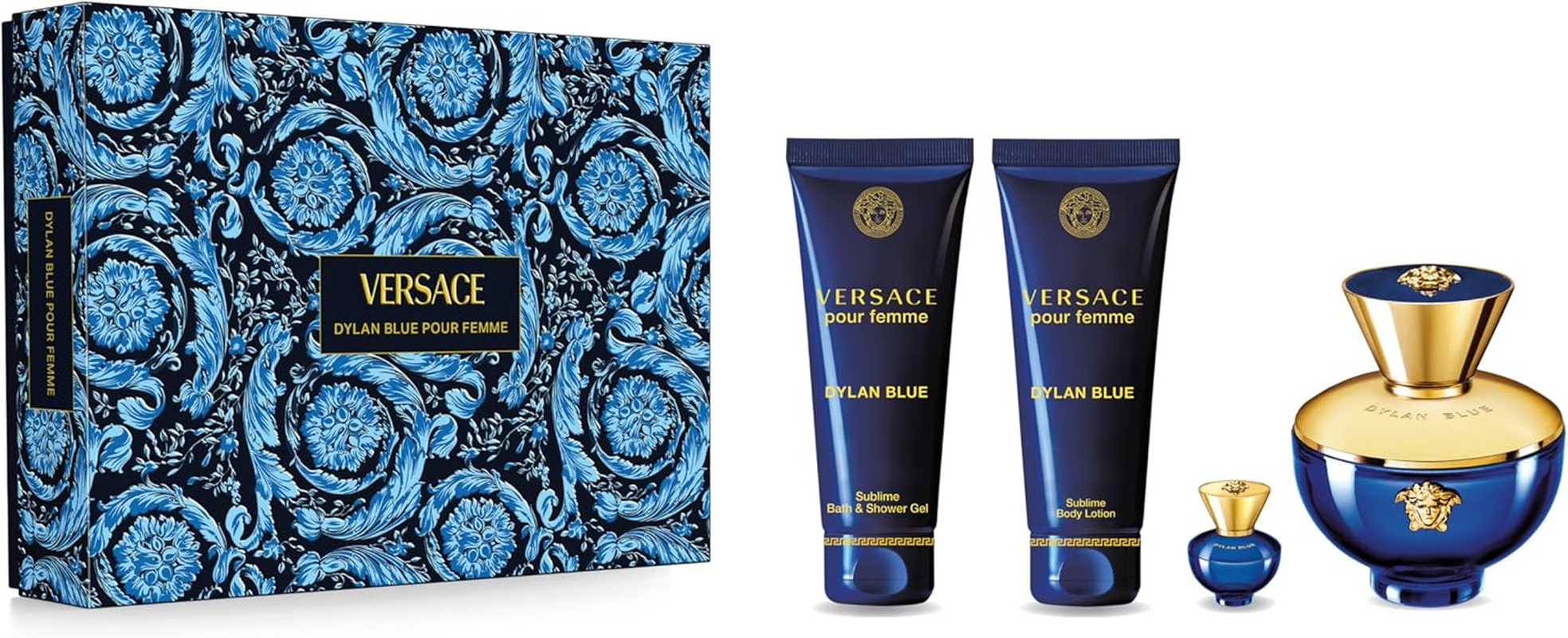 Versace Women'S Dylan Blue Fem 4 Pieces Gift Set (Eau De Parfum 100 Ml, Travel Spray 5 Ml, Shower Gel 100 Ml, Body Lotion 100 Ml)