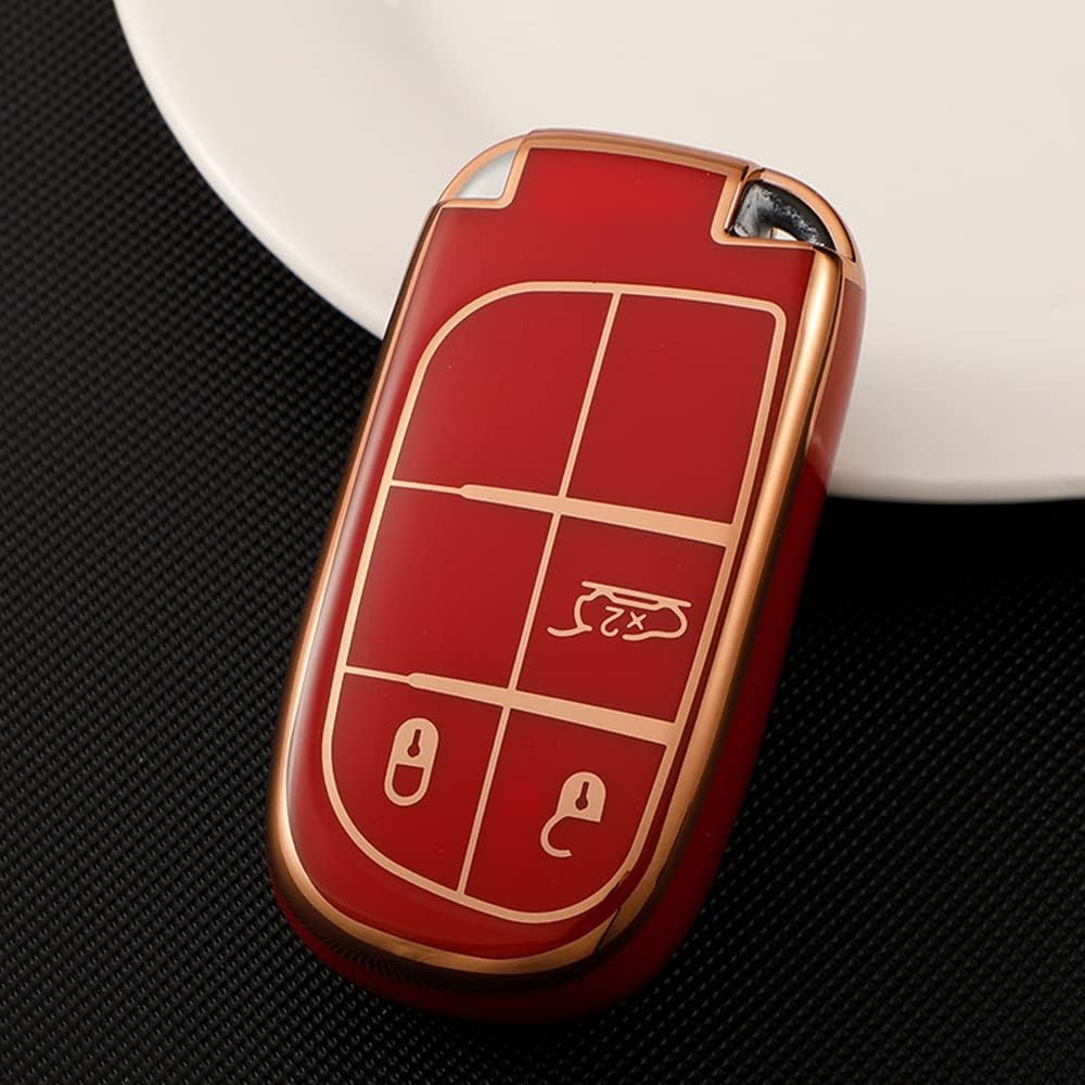 Ontto Car Key Fob Cover Fit for Chrysler 300 C Jeep Grand Cherokee Compass Renegade Dodge Dart Charger Key Case TPU Key Holder Keyring Key Shell Keychain Protective Accessories 3 Buttons Red - Beige image number 3