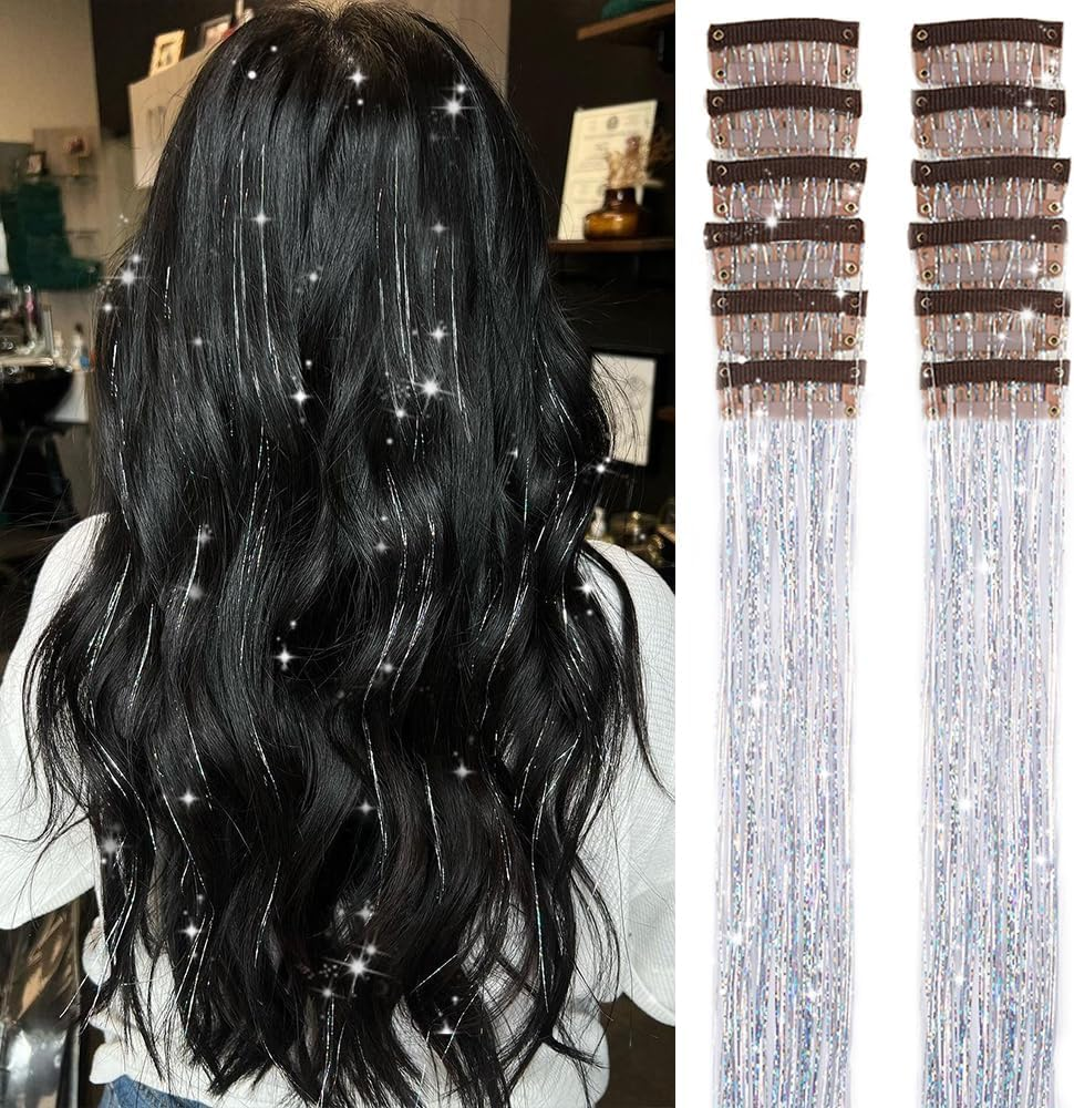 Hair Tinsel Pack of 12 Pcs Clip in Hair Tinsel 20 Inch Glitter Pink Tinsel Hair Extensions, Festival Tinsel Fairy Hair Extension Party Dazzle Accessories Strands Kit (Silver)