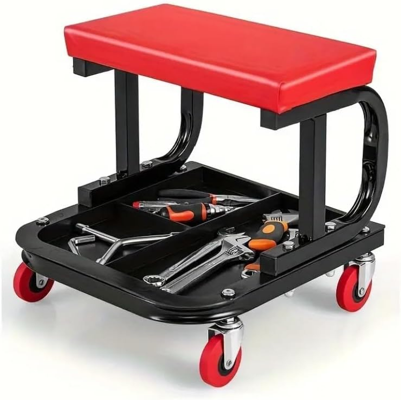 Rolling Creeper Seat, Garage Shop Stool on Wheels with Padded Seat & Tool Tray Storage, 330 LBS Capacity, Heavy Duty Mechanic Stool Chair Car Detailing Creeper for Workshop, Home image number 2