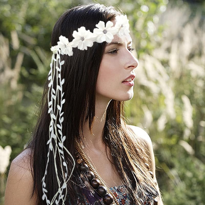 Atifober Hippie Daisy Flower Headbands for Women，White Flower Crown 70S Flower Headbands Fashion Floral Crown Headpiece Daisy Hair Wreath Hippie Hair Accessories for Prom Wedding Party Photo Props image number 2