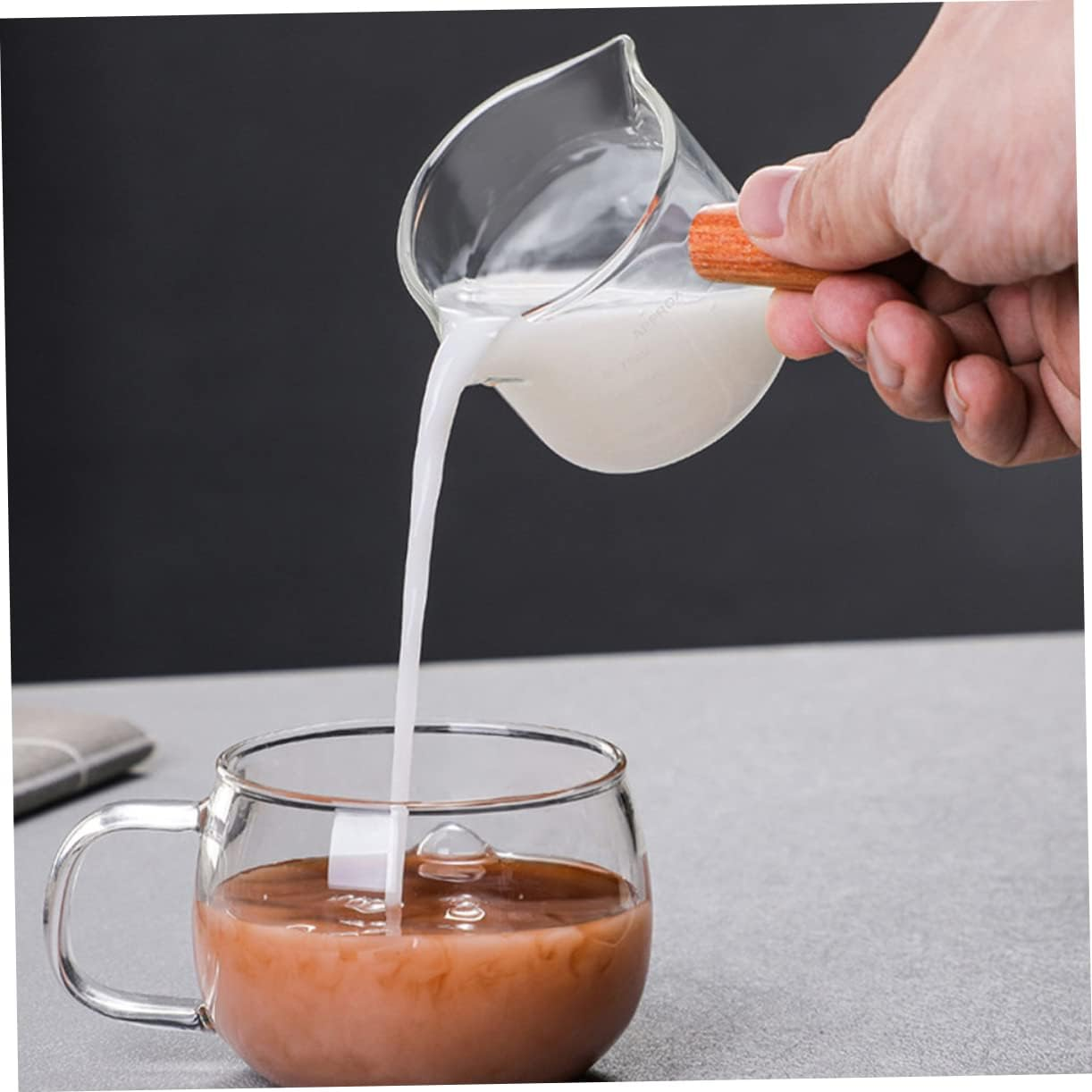 Baluue 2Pcs Double Spout Espresso Measuring Cups Wooden Handle Glass Milk Jars for Coffee Pouring and Precision Measurement image number 2