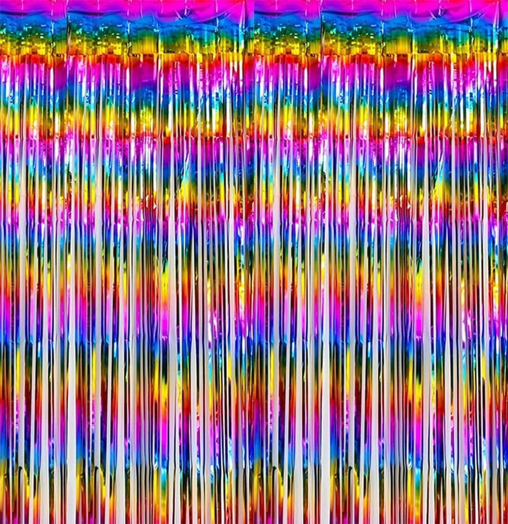 Foil Fringe Curtain, Pack of 2 Tinsel Backdrop, Birthday Party Decorations, Streamer Backdrop Foil Curtains, Graduation Decorations (Wavy Holographic-Silver) - Laser Glitter Black image number 2