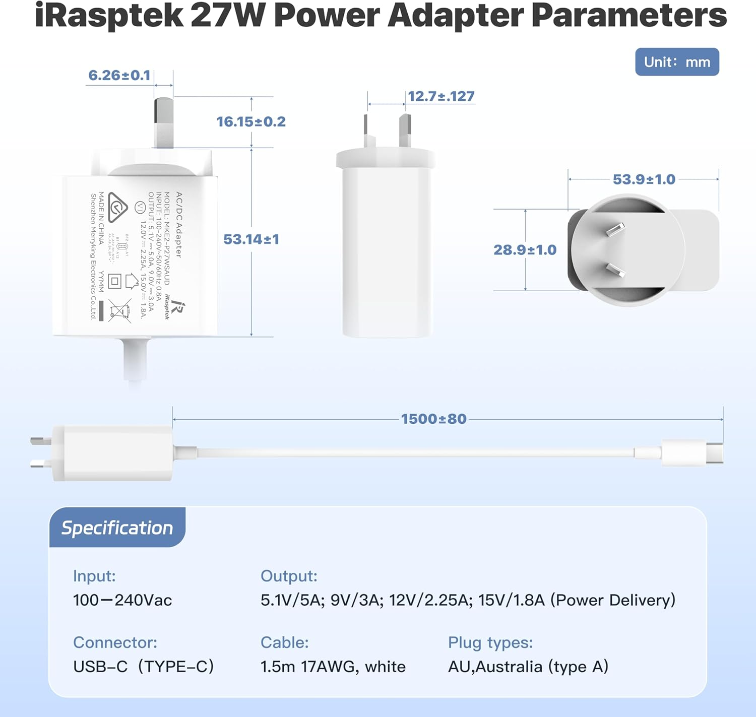 Irasptek 27W USB-C Power Supply for Raspberry Pi 5, 5.1V 5A, PD 27W image number 6