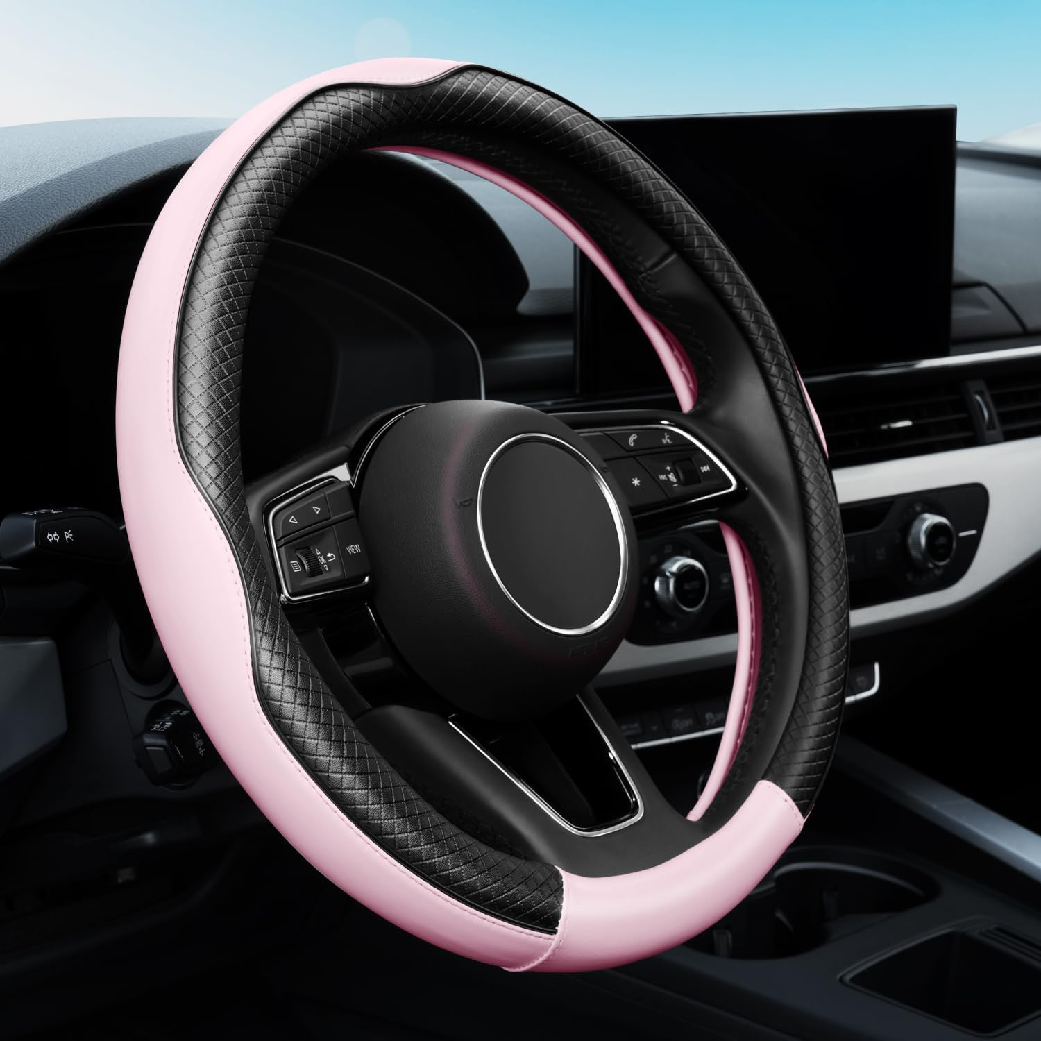 YHONGJT Soft Cute Light Pink Microfiber Leather Anti-Slip Steering Wheel Cover, Universal 15 Inch for Women Girls, Fit Vehicles, Sedans, Suvs, Vans, Trucks