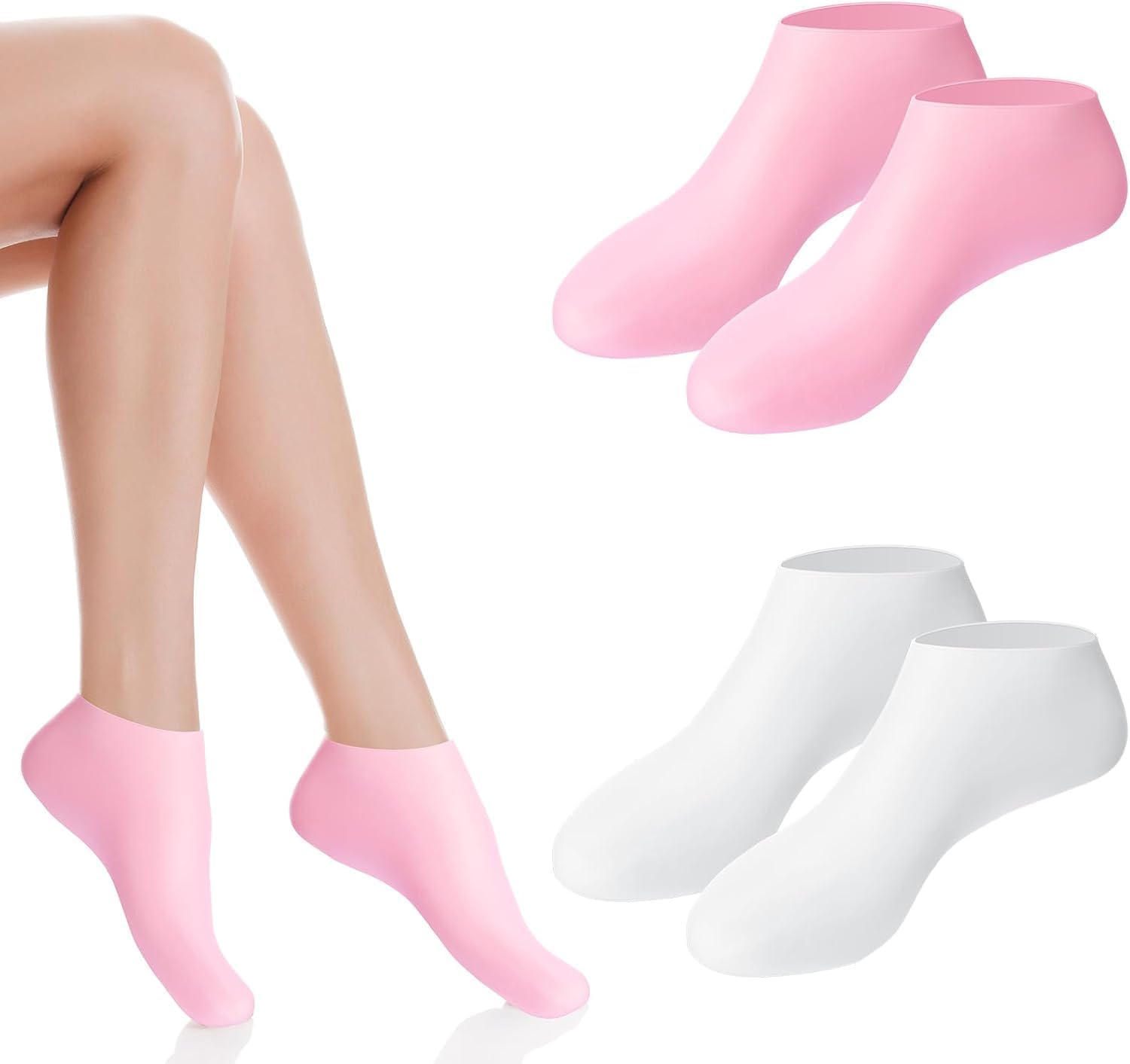 2 Pairs Thickened Silicone Socks for Women,Silicone Moisturizing Socks for Dry Cracked Feet,Foot Spa Socks for Cracked Heels,Softening Rough Skin and after Pedicure Care (White，Pink, One Size) image number 3