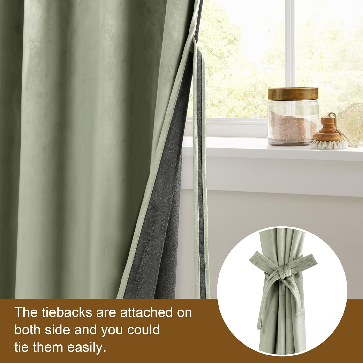 DWCN Velvet Curtains Elegant Grommet Curtain Sewn with Tiebacks - Thermal Insulated Room Darkening Curtains & Drapes for Living Room Bedroom Decor, Each W132 Cm X D214Cm, Set of 2, Light Sage image number 2