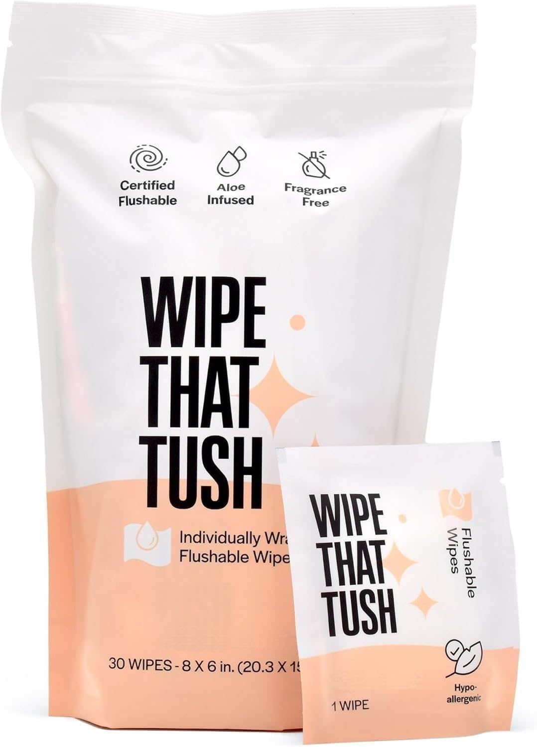 Travel Essentials Flushable Wipes &ndash; 30 Individually Wrapped Extra-Large Aloe-Infused, Hypoallergenic & Unscented, Septic & Sewer Safe (Travel Pack) image number 4