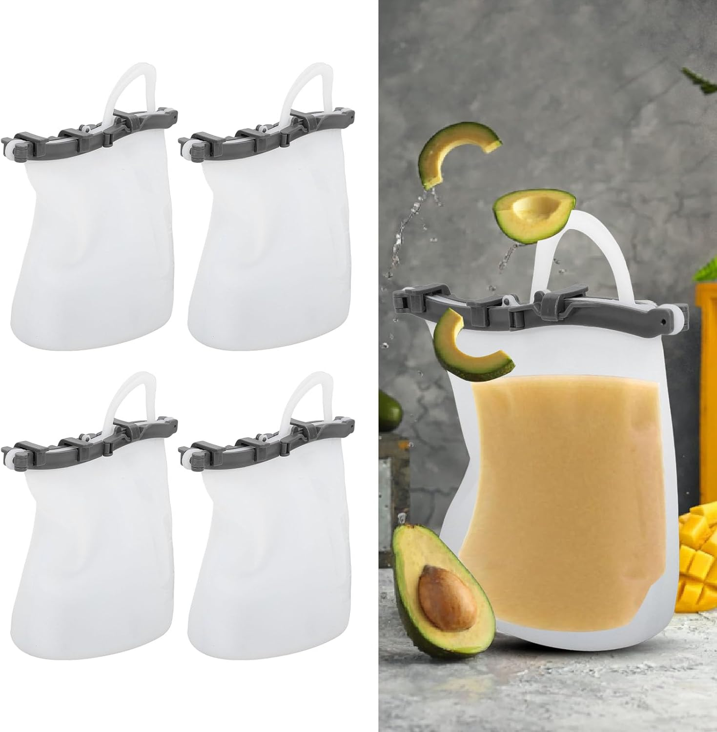 4Pcs Drink Pouches with 4 Straws, Food Grade Silicone 1.5L Reusable Juice Pouches, Drink Pouches for Adults Alcohol, Cold Drink Bags for Kids image number 1