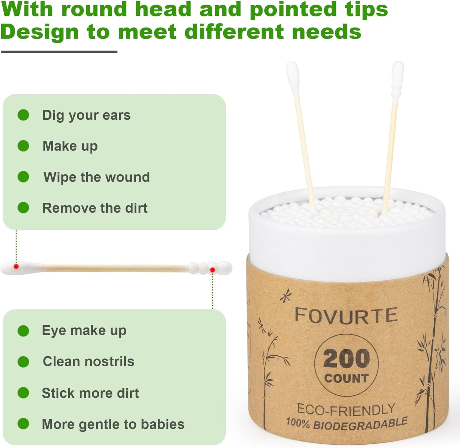 Bamboo Cotton Swabs, 400 Count Double-Tipped Spiral and round Design for Ears, Makeup, Travel, Cleaning image number 1