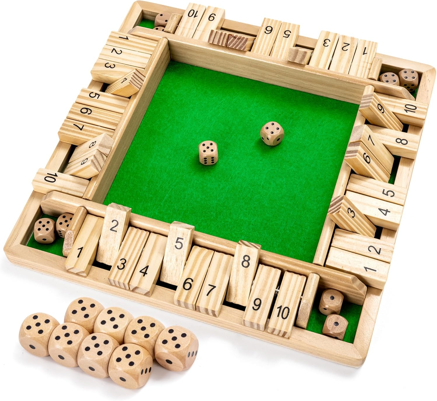 ROPODA 4-Way Shut the Box Dice Game (2-4 Players) for Kids + Adults [4 Sided Large Wooden Board Game, 8 Dice + Shut-The-Box Rules] Smart Game for Learning Numbers, Strategy + Risk Management image number 6