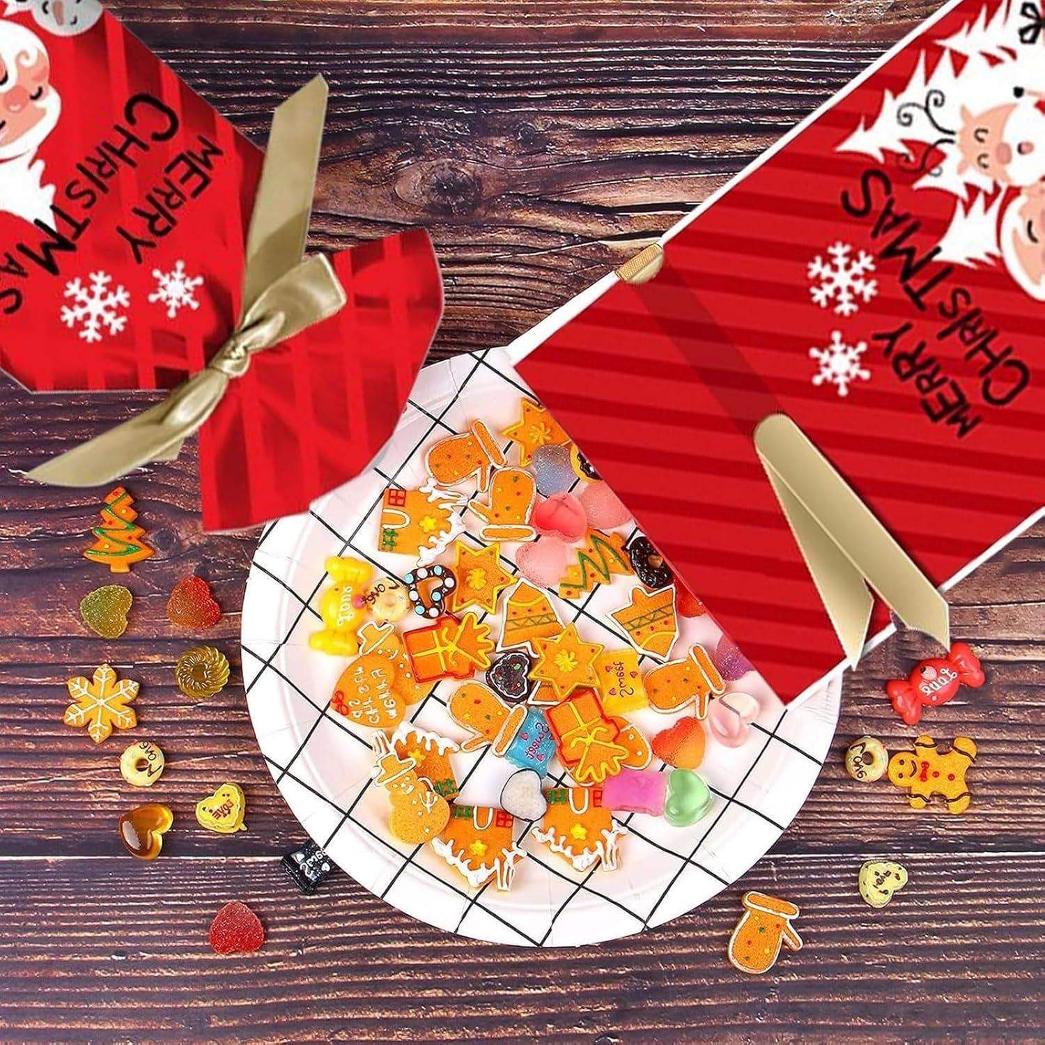 YQQZQ 50 Pcs Christmas Treat Bags,6X9 Inch 5 Assorted Classical Christmas Theme Drawstring Holiday Goodie Bags for Party Favor, Stand up Xmas Candy Bag image number 5