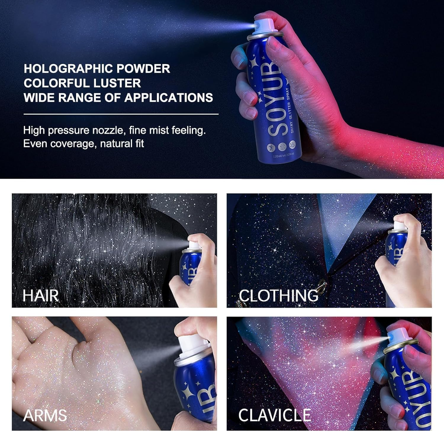 Body Glitter Spray, Waterproof Sparkling Spray for Hair, Face, Skin, Clothing, Sparkle Hairspray Long-Lasting Shinny Powder, Shimmer for Stage Makeup, Festival, Party for Women Girls