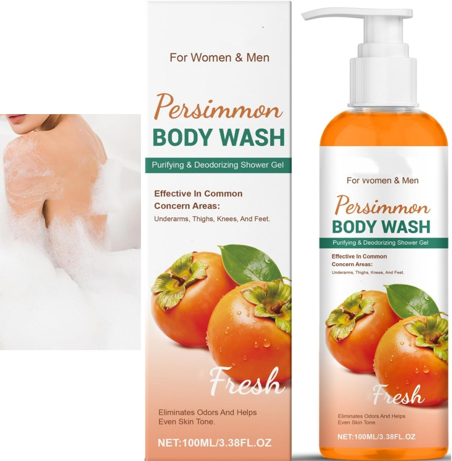 Persimmon Body Wash for Odor Control, Purifying & Deodorizing Shower Gel with Persimmon Extract, Moisturizing Body Wash for Women & Men, Cleaning, Fresh, Odor Removal, Anti-Odor (1PCS)