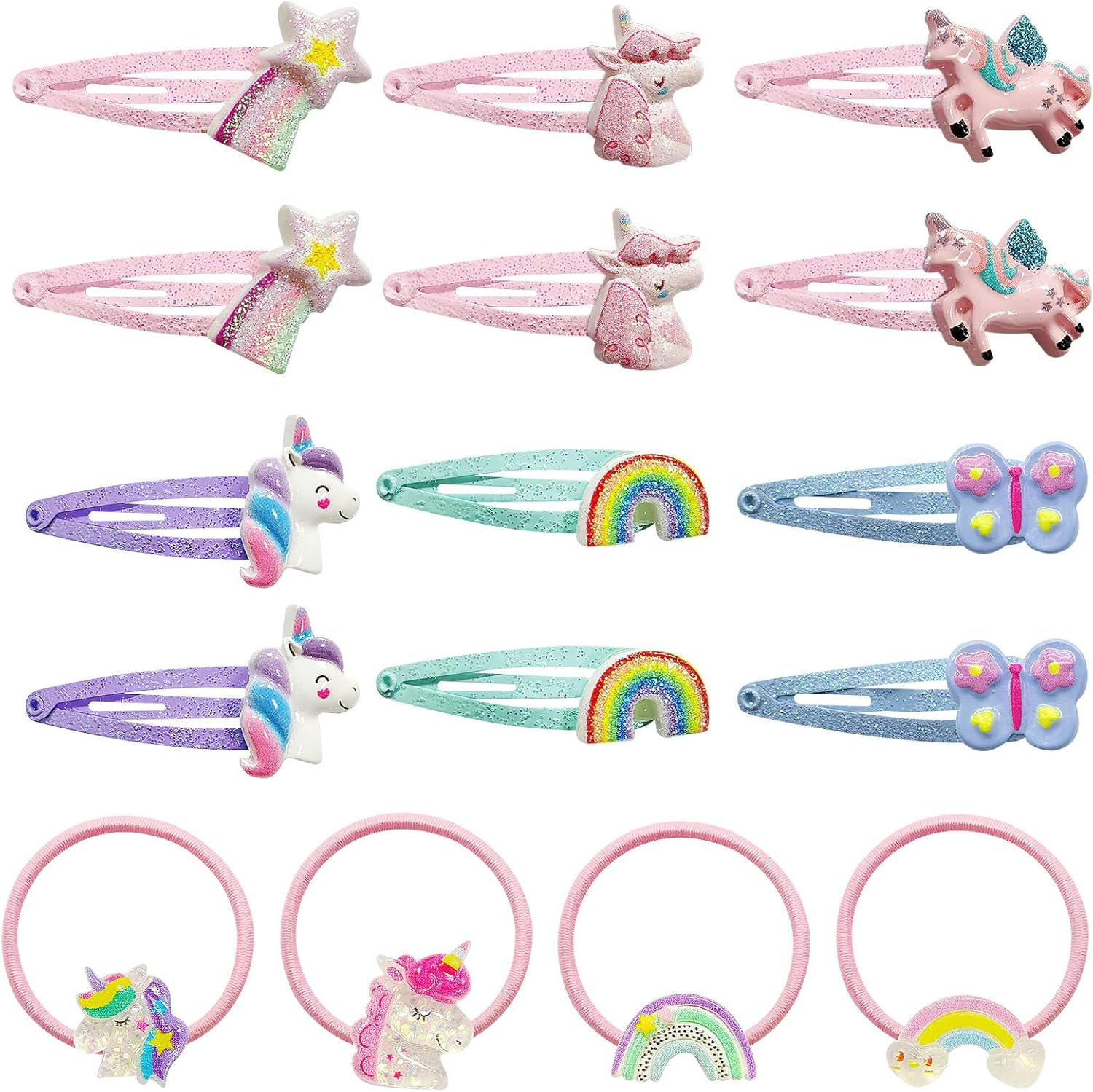 Pack of 16 Hair Clips Girls, 4 Pieces Mini Colourful Hair Scrunchies, 6 Pairs / 12 Pack Unicorn Hair Clips for Girls, Hair Clips Children Multicoloured, Unicorn Hair Accessories Girls for Hair image number 5