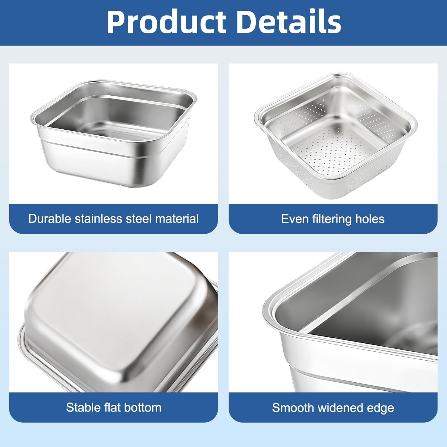 2-In-1 Stainless Steel Washing up Bowl Set, 12.8" Sturdy Square Dish Tub with Colander, Fruit Vegetable Washing Basin for Sink, Food Grade Dishpan for Draining Rice, Pasta, Food Strainer Mixing Bowl image number 4