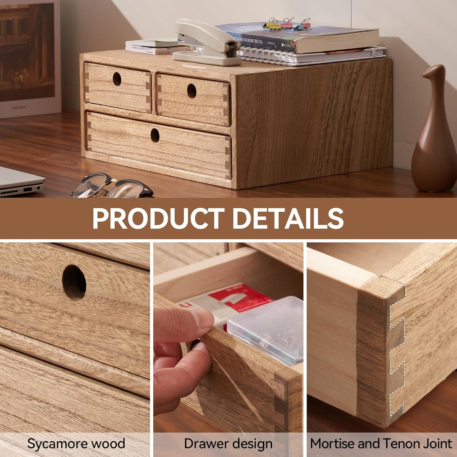 Kirigen Wooden Desktop Organizer - Office Supplies Filing Tidy Storage Shelf - Storage Cabinet/Jewelry Organizer with 3 Drawers(Br, 2-Layer &3 Drawers) image number 2