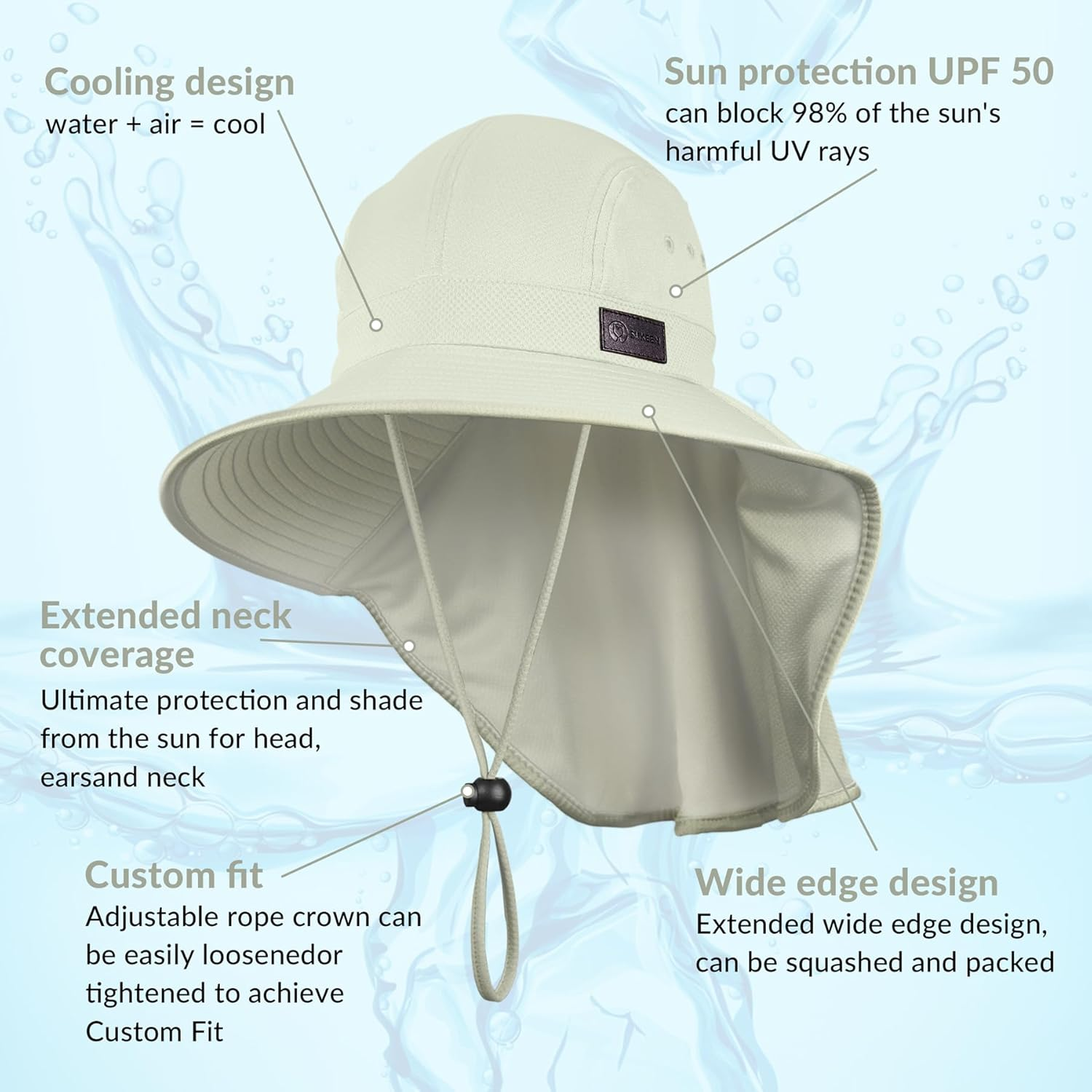 Sukeen Cooling Sun Hat for Men Women UPF50+ Wide Brim Fishing Hat with Neck Flap Adjustable Foldable Bucket Hat for Hiking - Black image number 7