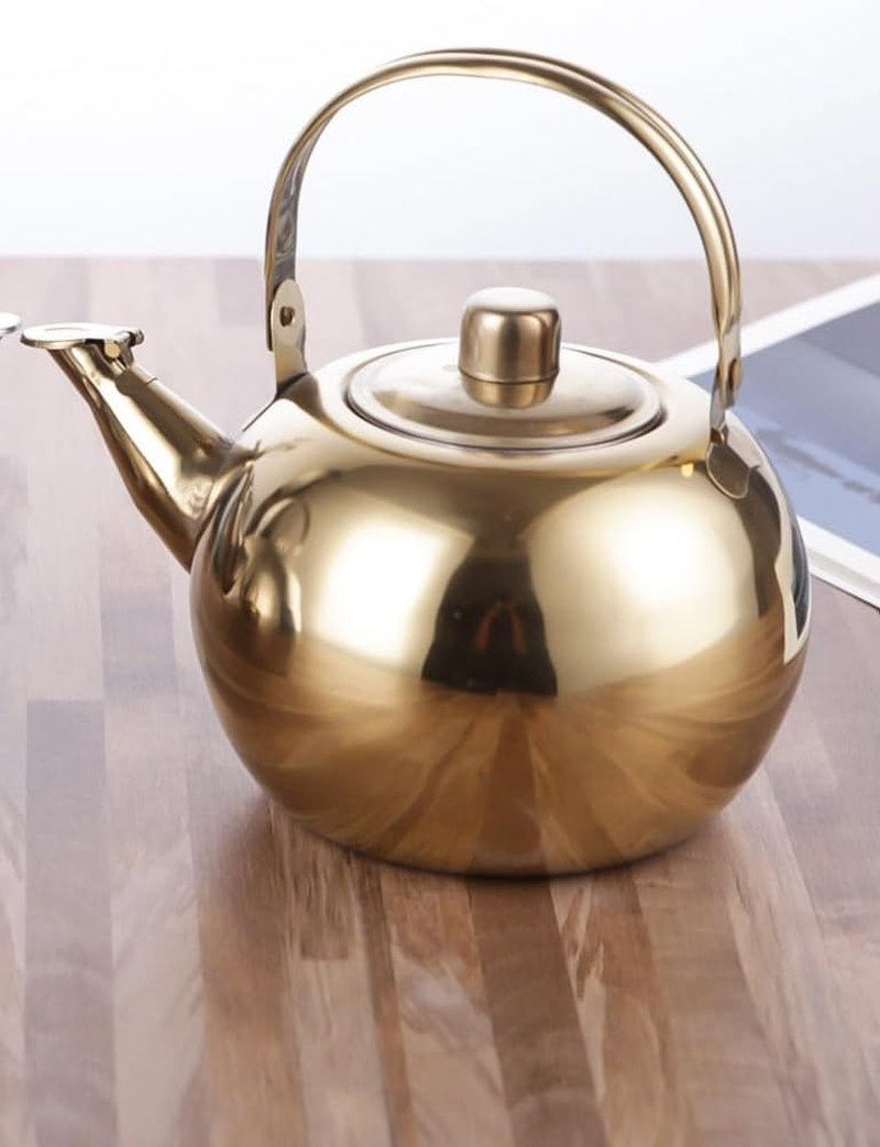 Stainless Steel Pot Pitcher Boiled Teapot Whistling Kettle Home Espresso Boiling Water Kettle Mesh Strainer Coffee Mug Thicken Teakettle Travel Desktop Filter Jug (Gold, 2 Litres)