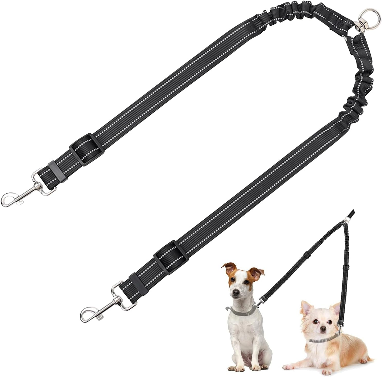 Double Dog Lead Coupler, No Tangle 360&deg;Swivel Rotation with 2 Splitter, Heavy Duty Dog Leash Coupler Adjustable Shock Absorbing Bungee Reflective Dual Lead for Puppy Small Medium Dogs image number 1