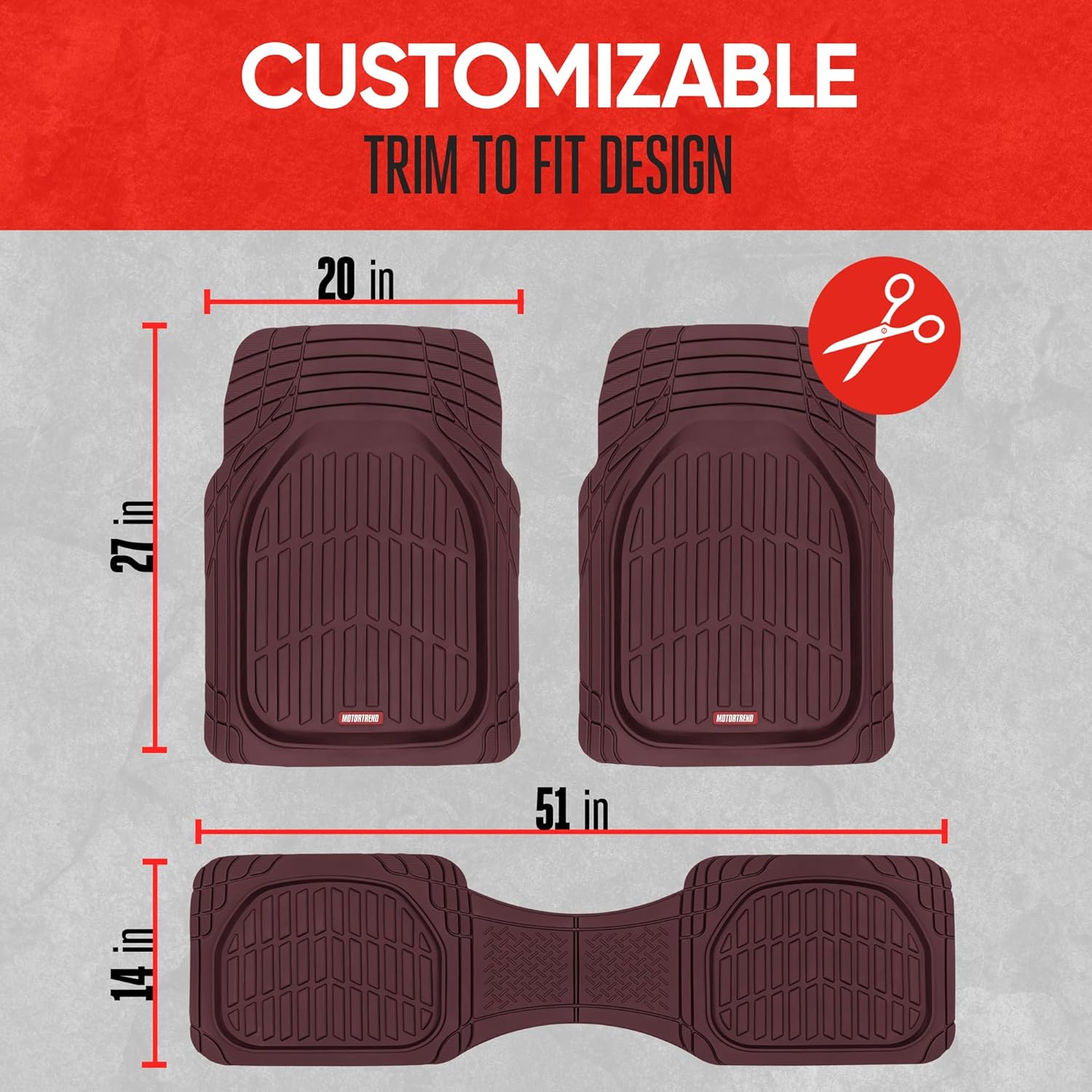 Motor Trend Flextough Floor Mats for Cars, Burgundy Deep Dish All-Weather Car Mats, Waterproof Trim-To Fit Automotive Cars Trucks SUV, Universal Liner Accessories - Burgundy image number 3
