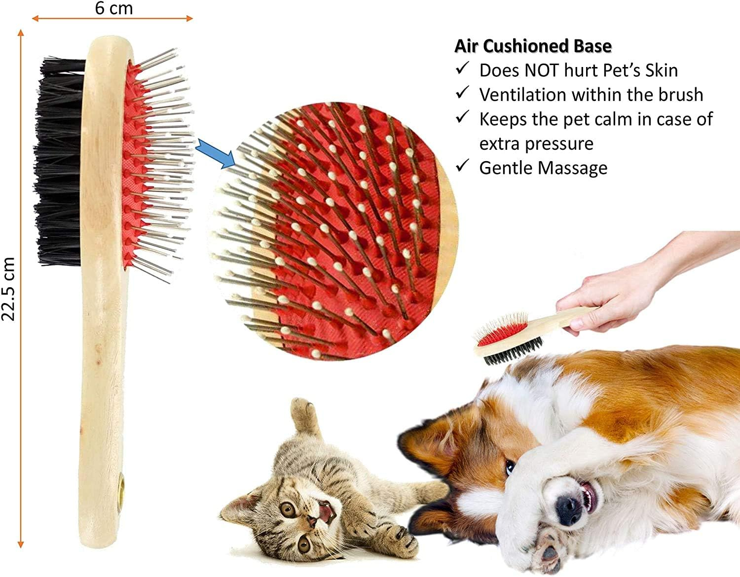 Wooden Double Sided Dog Brush - Pet Hair Grooming Tool with Pin and Soft Bristles for Dogs & Cats with Long or Short Hair - Red image number 1