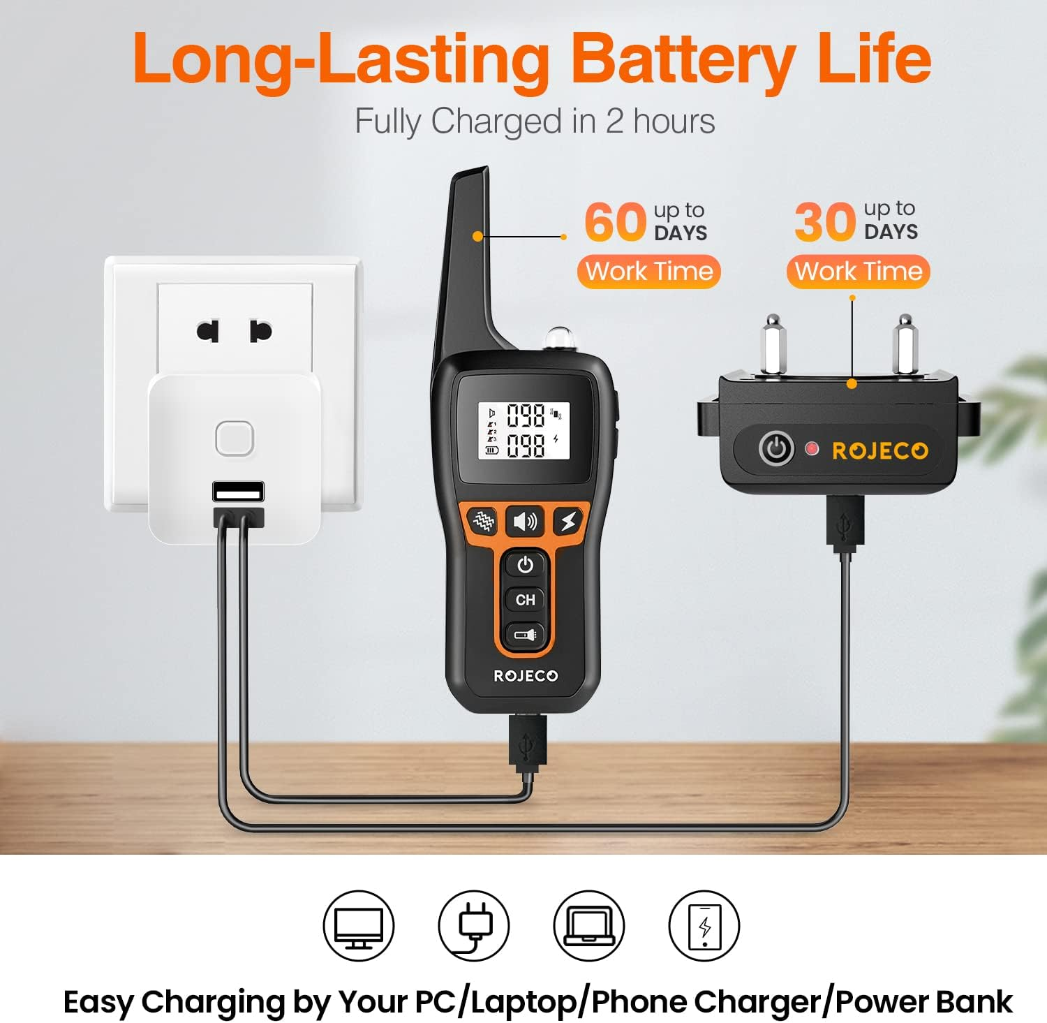 ROJECO Dog Training Collar with 3300FT Remote,Ipx7 Waterproof Rechargeable Shock Collar for Large Medium Small Dog,3 Safe Training Modes with Beep,Vibration and Shock,Adjustable Electronic Dog Collar image number 3