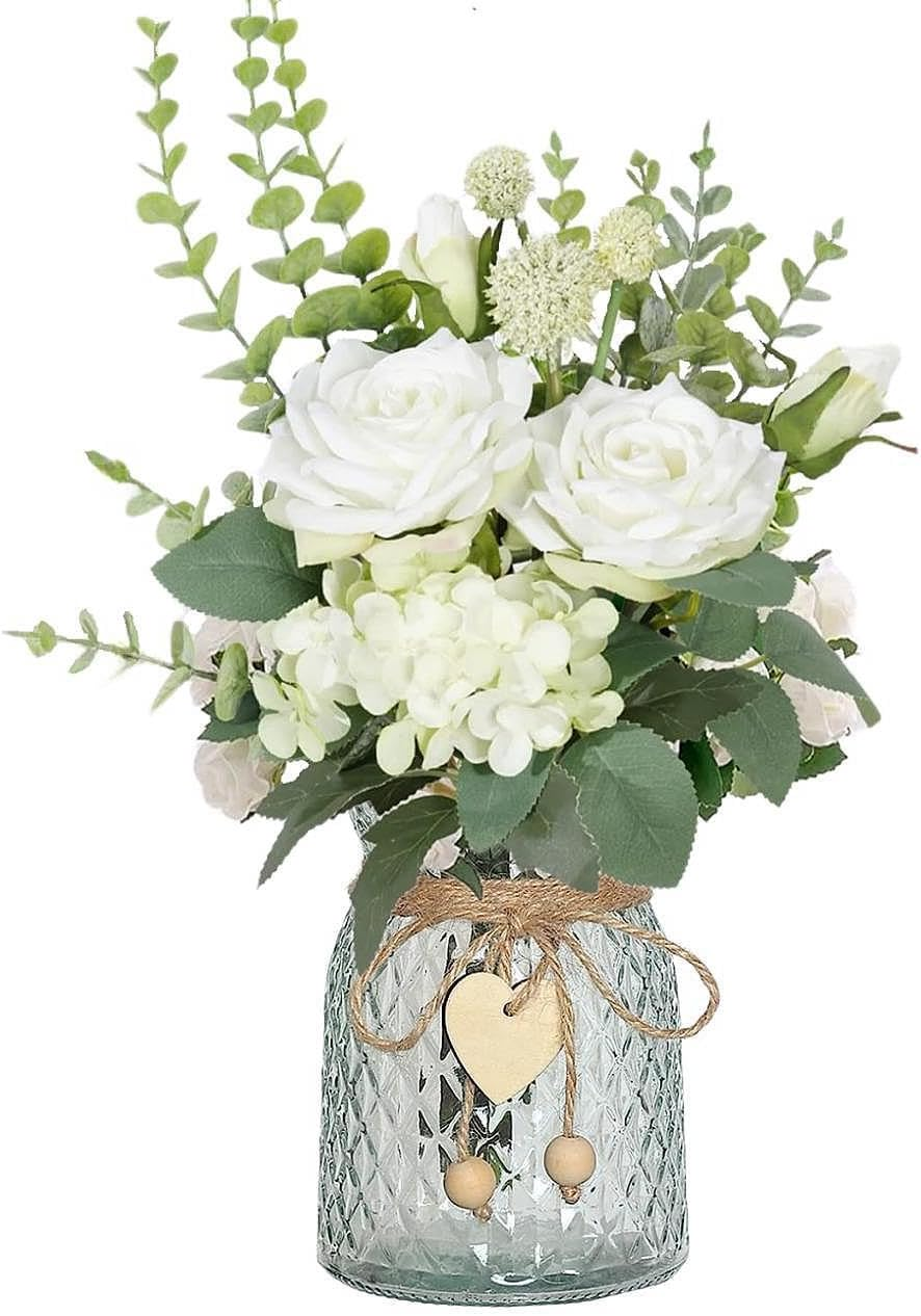 Artificial Flowers with Glass Vase Fake Flower Bouquet Faux Rose in Vases for Home Dcor Flowers Modern Home Decor Table Decorative Flower Vase for Dinner Office Bedroom, White