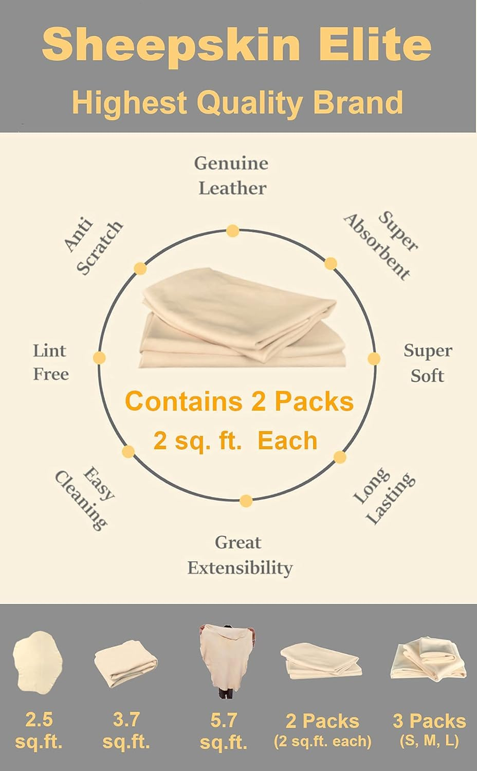 SHEEPSKIN ELITE Chamois Drying Cloth Car Drying Towel Real Leather Super Absorbent Fast Drying Natural Chamois Car Wash Cloth Accessory (2 SQ Each, 4 SQ FT in Total)