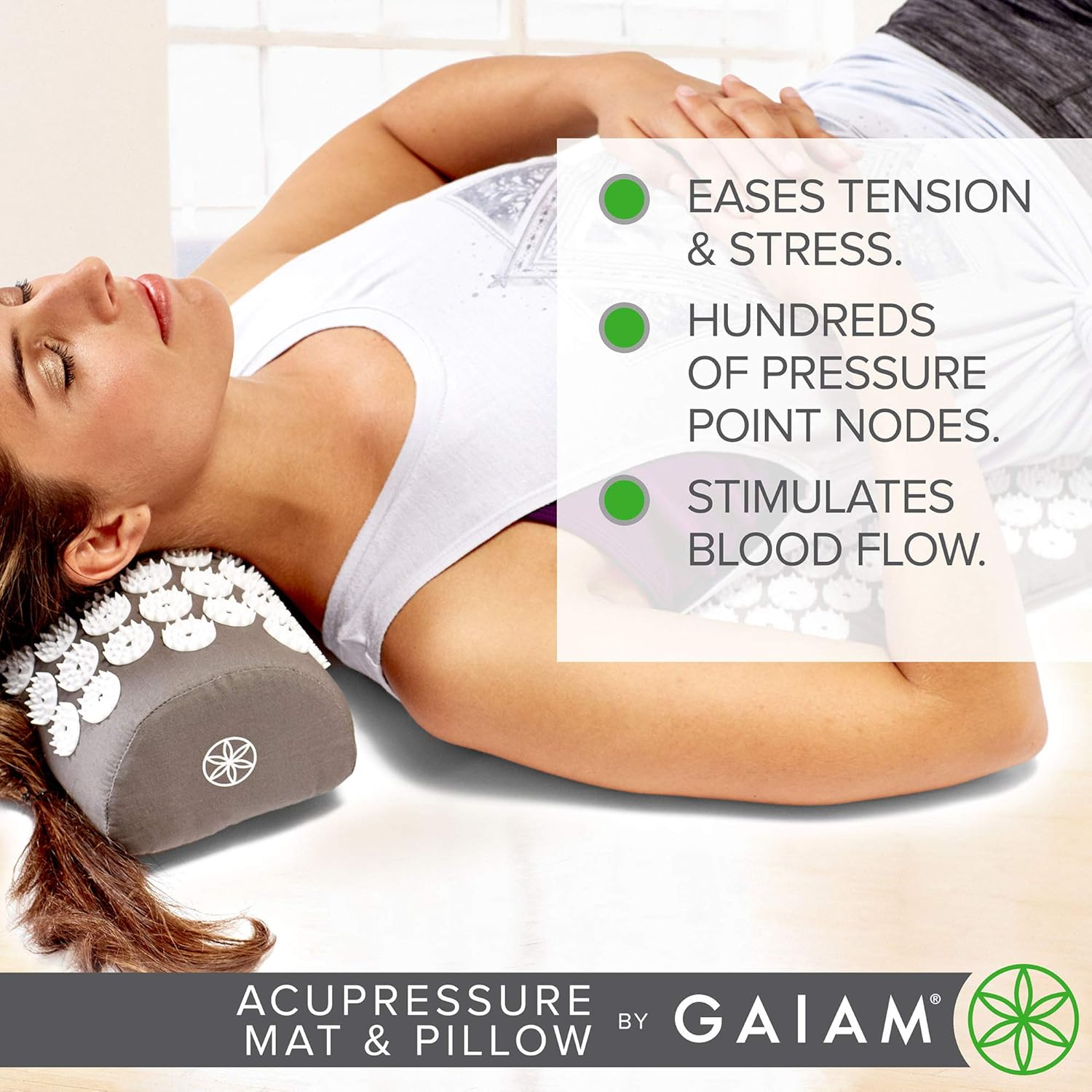 Gaiam Acupressure Mat and Pillow Set, Acupuncture Style Massage Mat & Pillow, Relief for Sciatic Nerve, Muscle Tension, Fibromyalgia, Neck, Shoulder & Back Pain, Migraine & Headaches and Insomnia Grey image number 1
