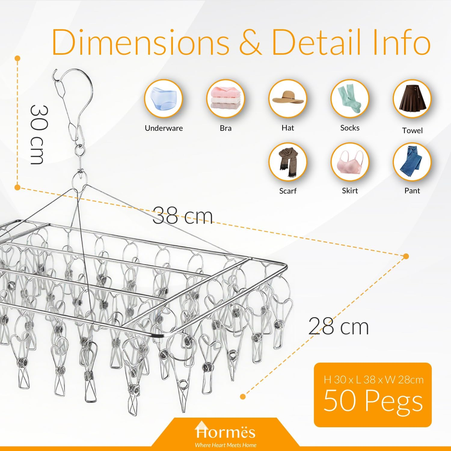 Stainless Steel Clothes Drying Rack with 50 Pegs, Underwear Dryer Hanger with Windproof Hook, for Drying Socks, Bras, Lingerie, Towels & Scarves, Laundry Accessories for Outdoor & Indoor Use image number 4